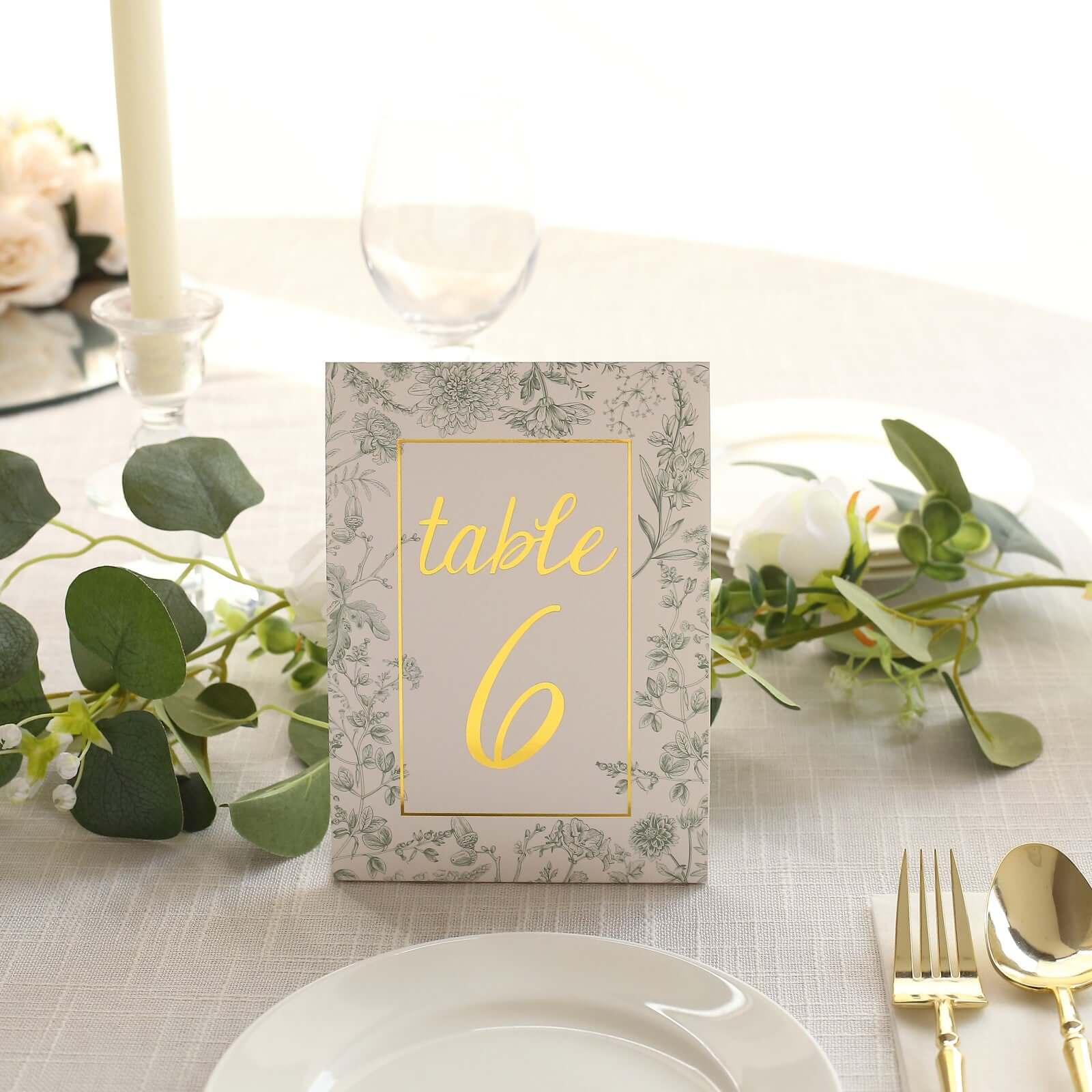 25-Pack Paper Wedding Table Numbers 1-25 White/Sage Green French Toile Design - Free Standing Double Sided Table Signs with Glam Gold Foil Numbers 7