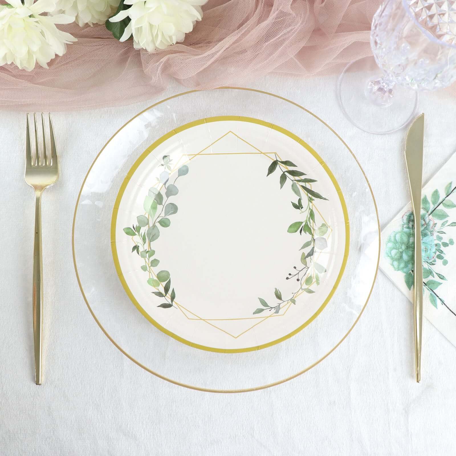 24-Pack Paper 7 Round Dessert Plates in White with Eucalyptus Leaves & Gold Rim - Disposable 300GSM Salad Plates for Garden Weddings & Celebrations