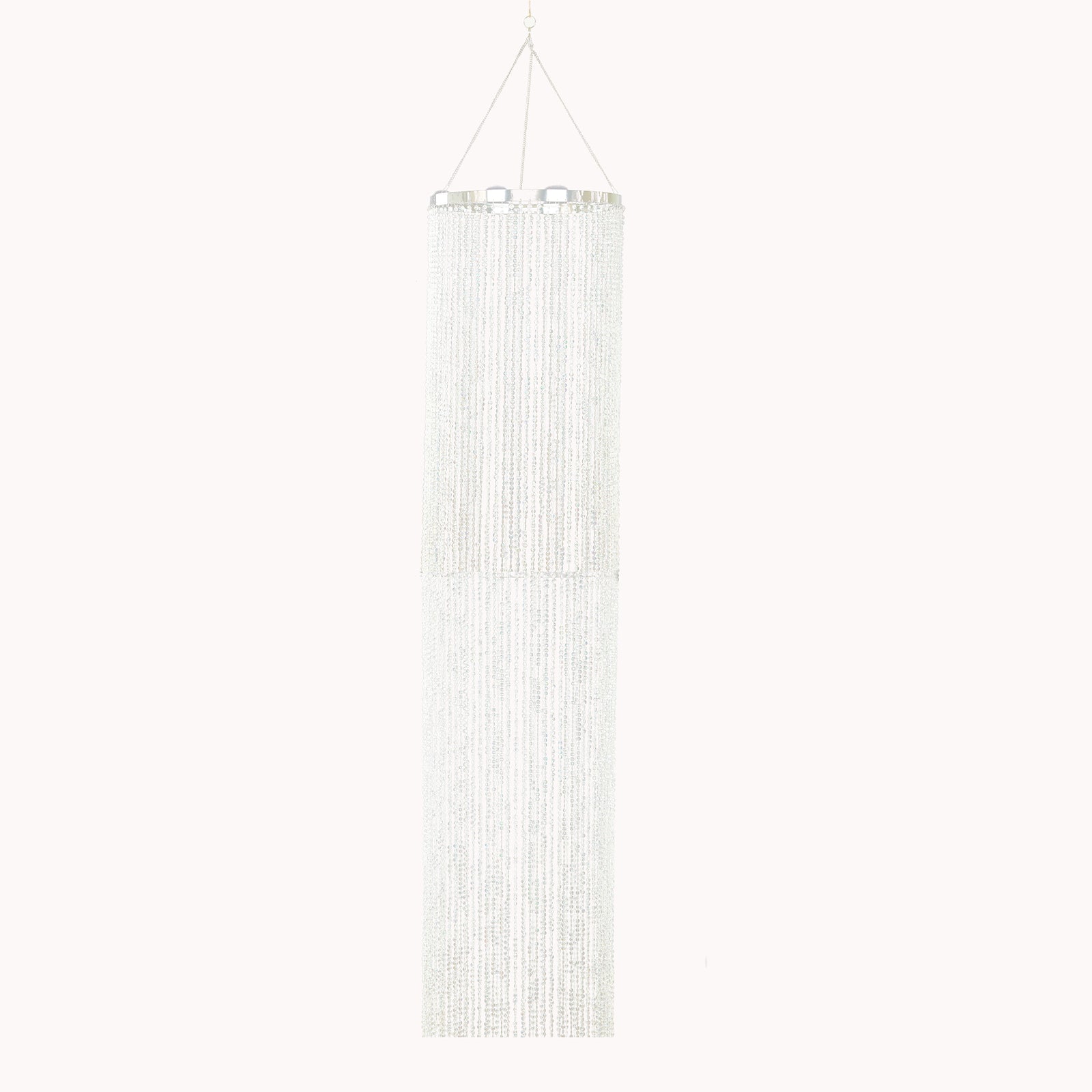 9ft Hanging Beaded Crystal Column Chandelier, Tall Beads Curtain Round with Silver Metal Hoop and Hanging Chain