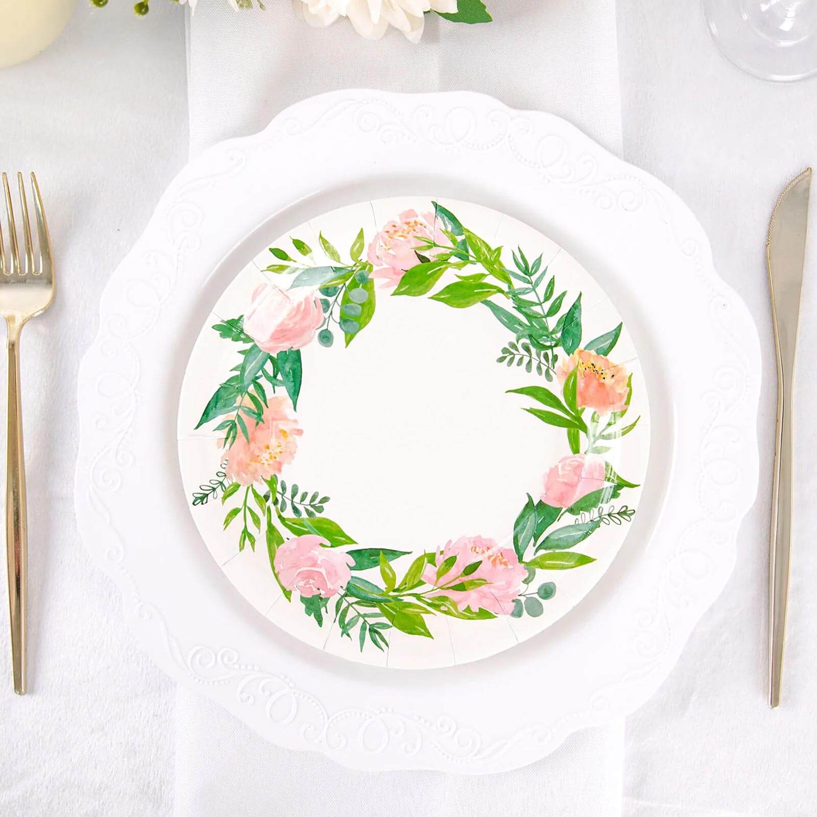 25-Pack Paper 7 Round Dessert Plates in White with Rose/Peony Flower Wreath - Disposable Appetizer Salad Plates for Special Occasions & Gatherings