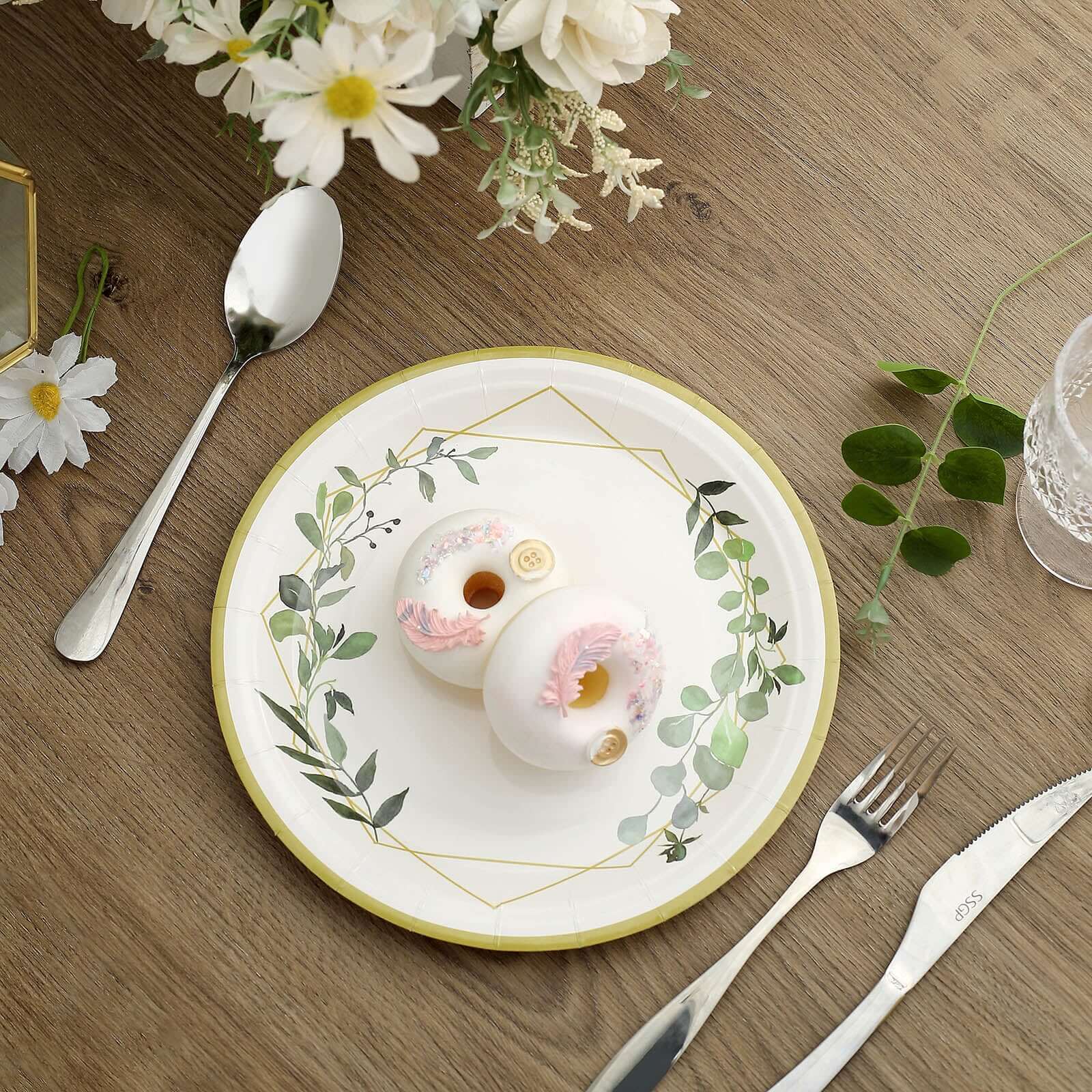 24-Pack Paper 9 Round Dinner Plates in White with Eucalyptus Leaves & Gold Rim - Disposable 300GSM Party Plates for Modern & Nature-Inspired Events