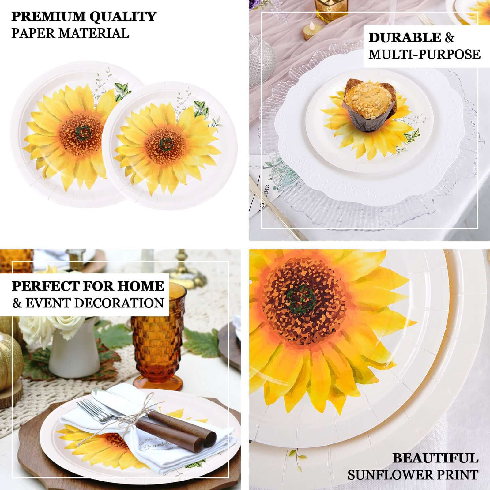 25-Pack Paper 9 Round Dinner Plates in White with Sunflower Design - Disposable Party Plates for Rustic Events & Garden Themes