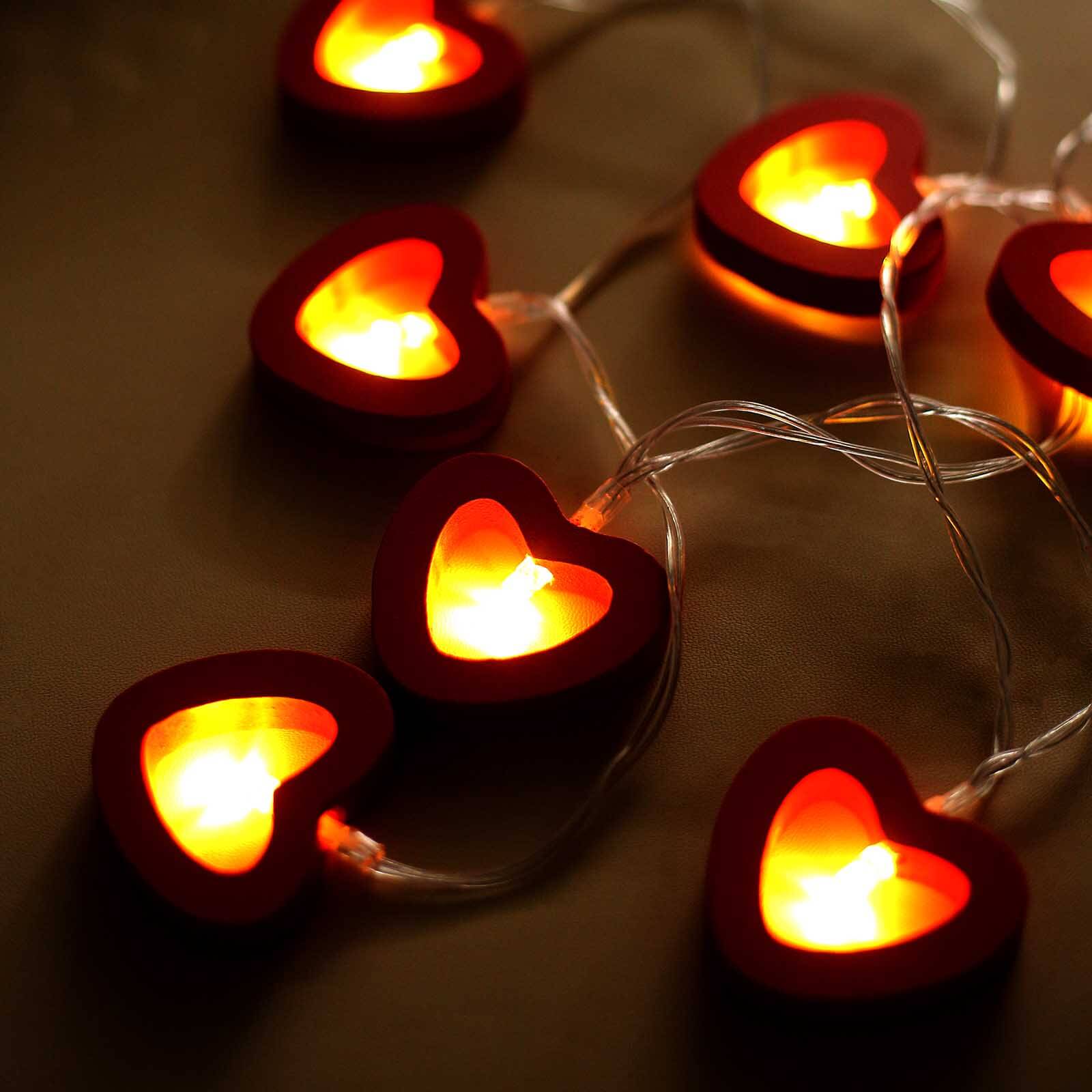 Wooden Heart String Lights Red Design Warm White - Battery Operated Hanging Accent 5ft