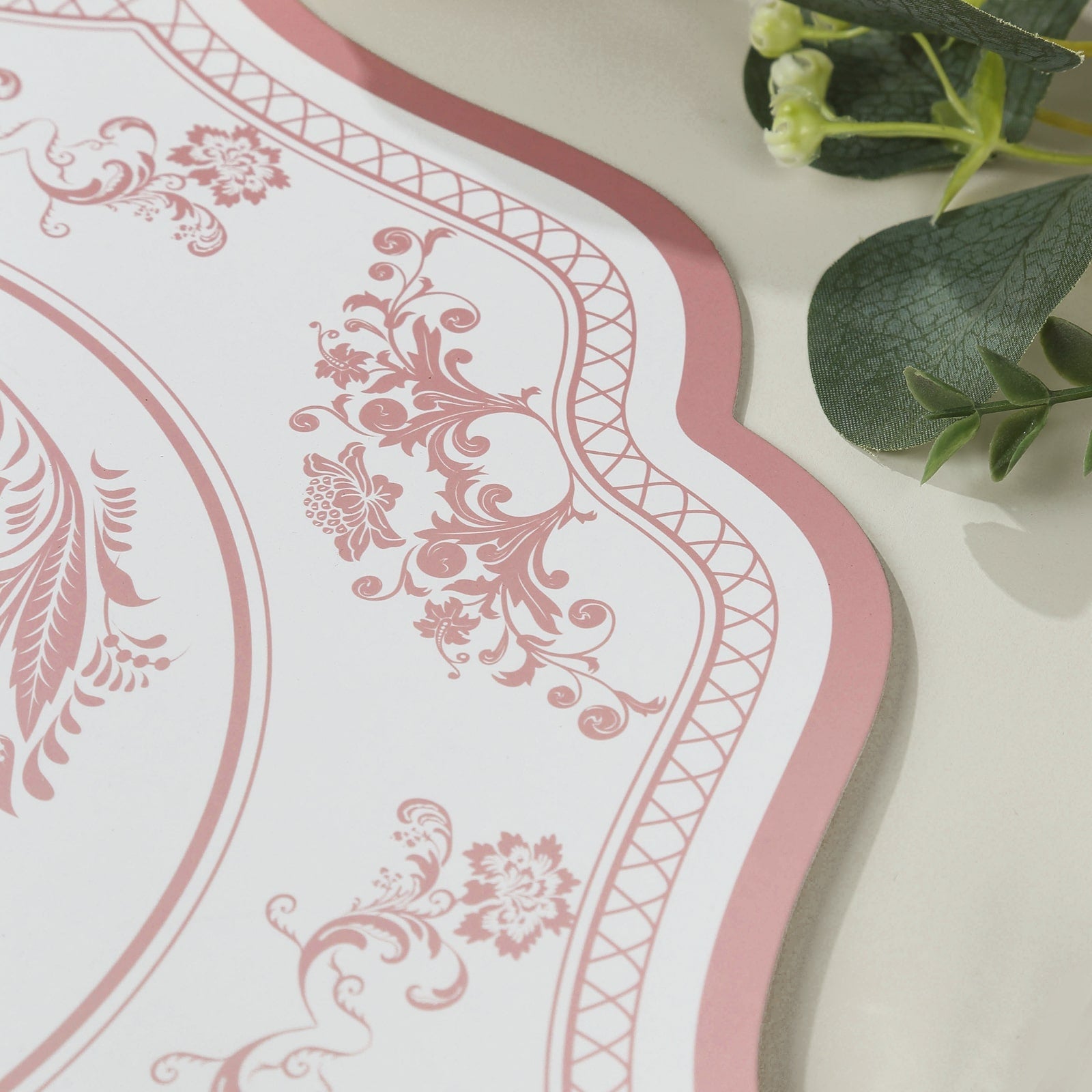 10-Pack Disposable Table Placemats 13 Round Placemats in White with Pink French Toile Pattern & Scalloped Rim - 400GSM Cardboard Placemats for Stylish Table Setting