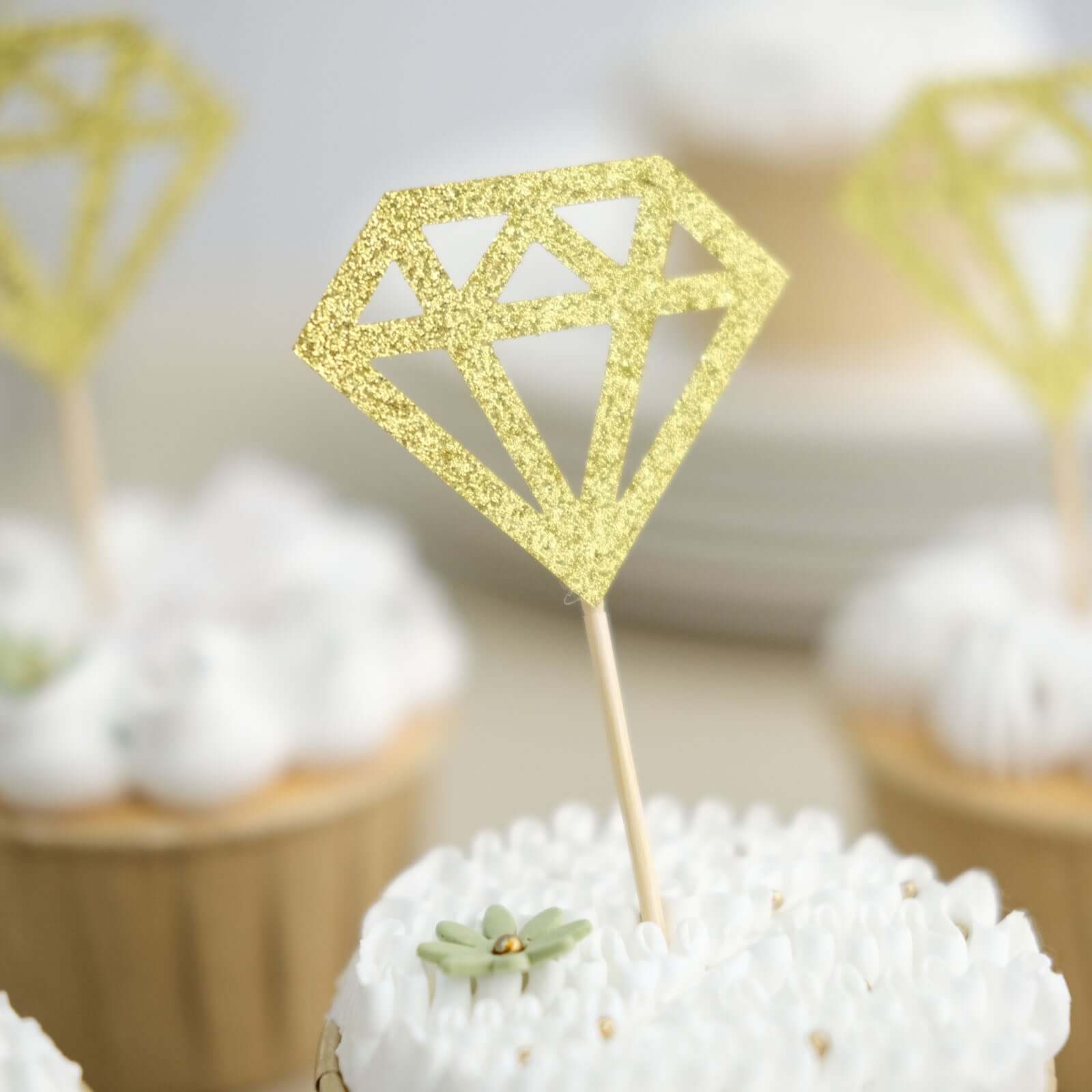 24-Pack Cupcake Toppers Diamond Ring Design Glitter Gold - Party Cake Picks Engagement Decoration Supplies