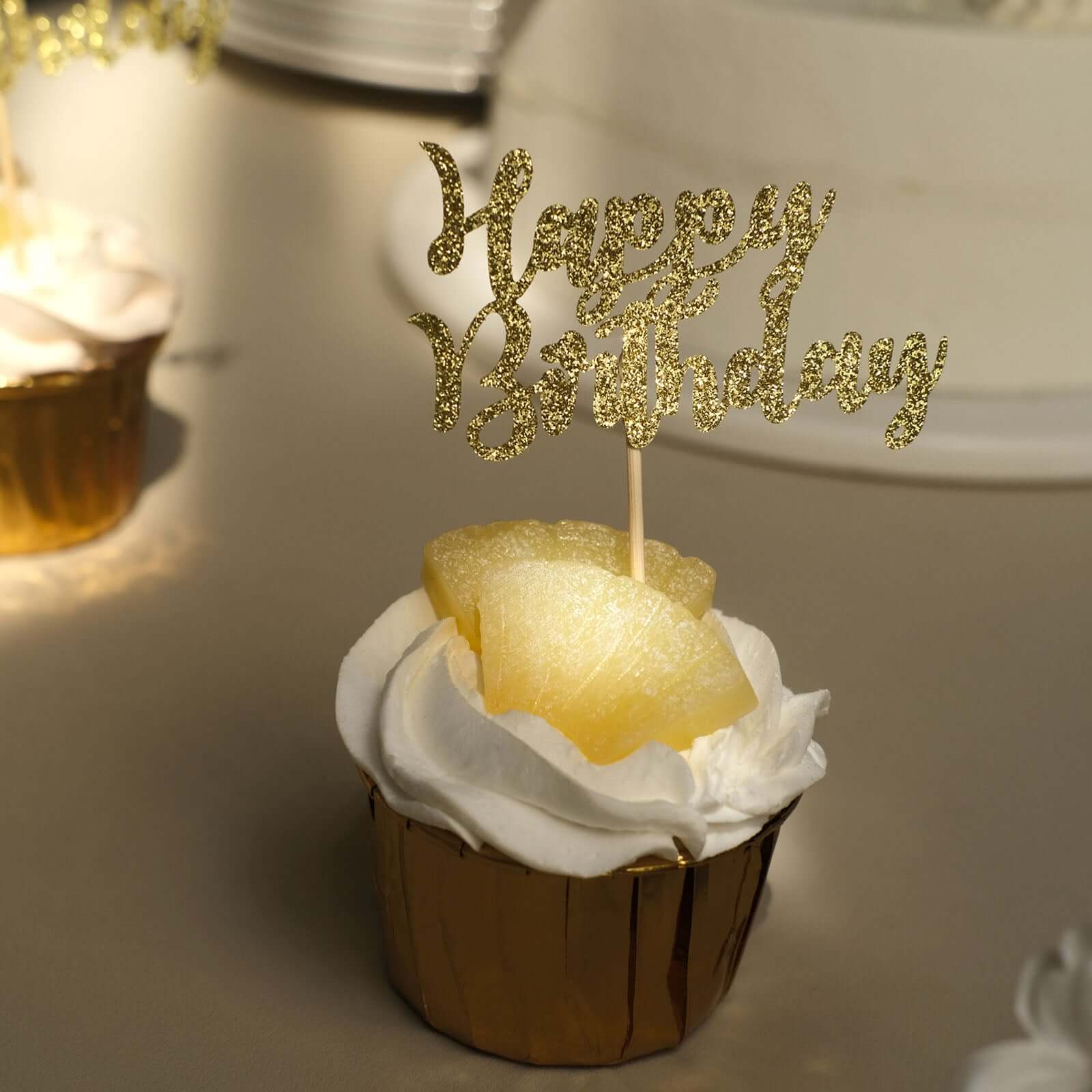 24-Pack Cupcake Toppers Happy Birthday Design Glitter Gold - Party Cake Picks Decoration Supplies