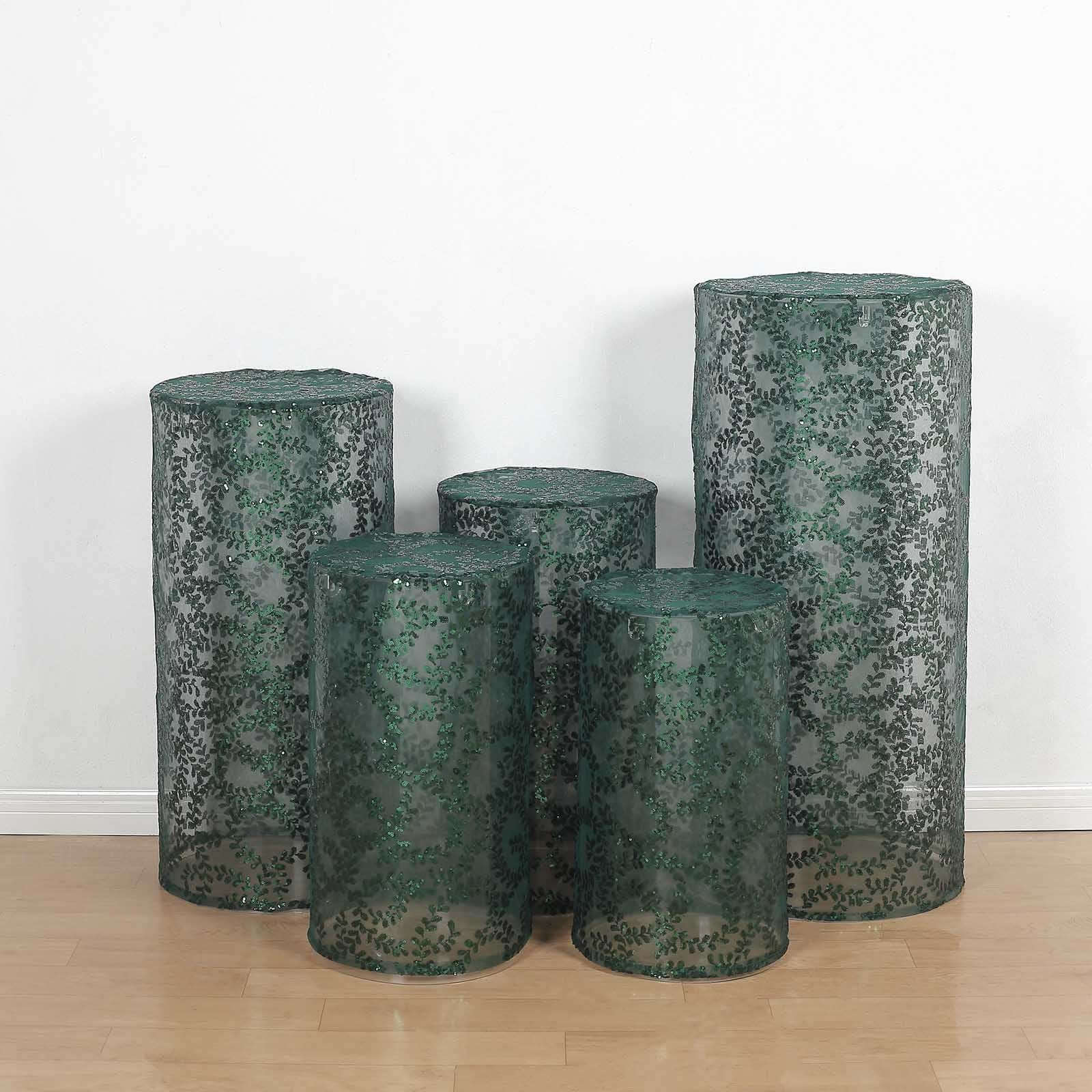 Set of 5 Hunter Emerald Green Sequin Mesh Cylinder Pedestal Stand Covers with Leaf Vine Embroidery, Sparkly Sheer Tulle Pillar Prop Covers