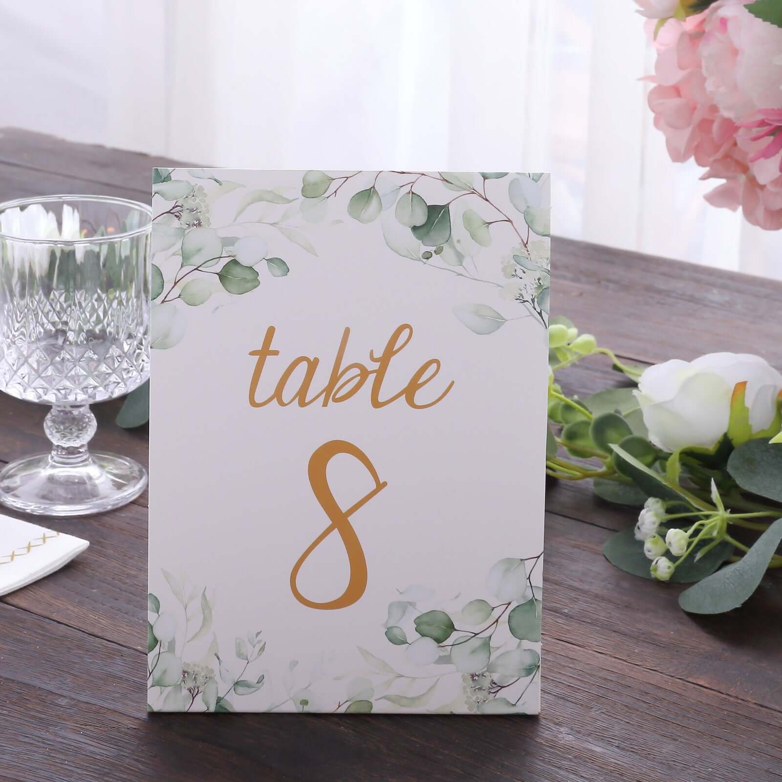 25-Pack Paper Wedding Table Numbers 1-25 White/Green Eucalyptus Leaves Design - Free Standing Double Sided Table Signs with Glam Gold Foil Numbers 7