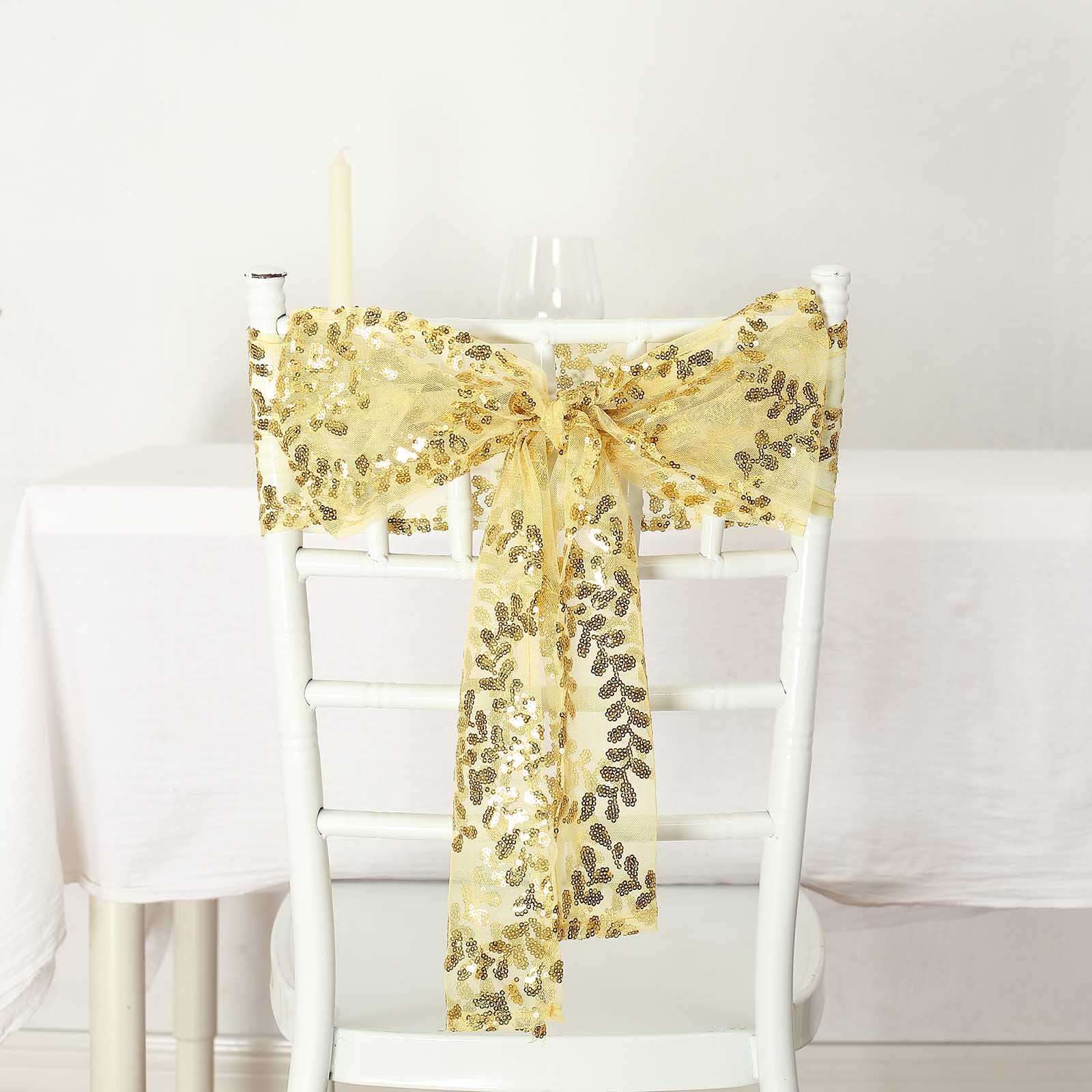 5 Pack Tulle Chair Sashes with Leaf Vine Embroidered Sequins Gold 6x88 - Stylish Decor for Weddings