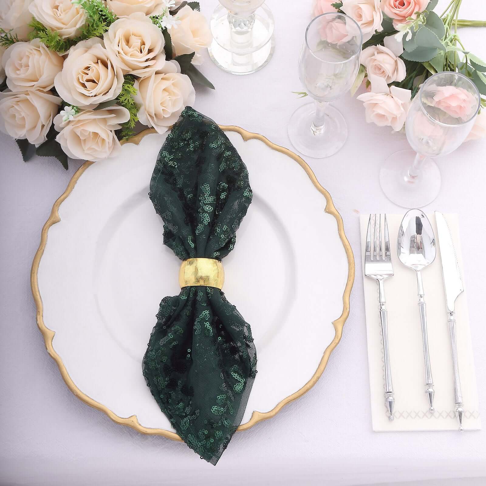 Sequin Tulle 20x20 Napkin Hunter Emerald Green - Embroidered Leaf Vine Dinner Napkins