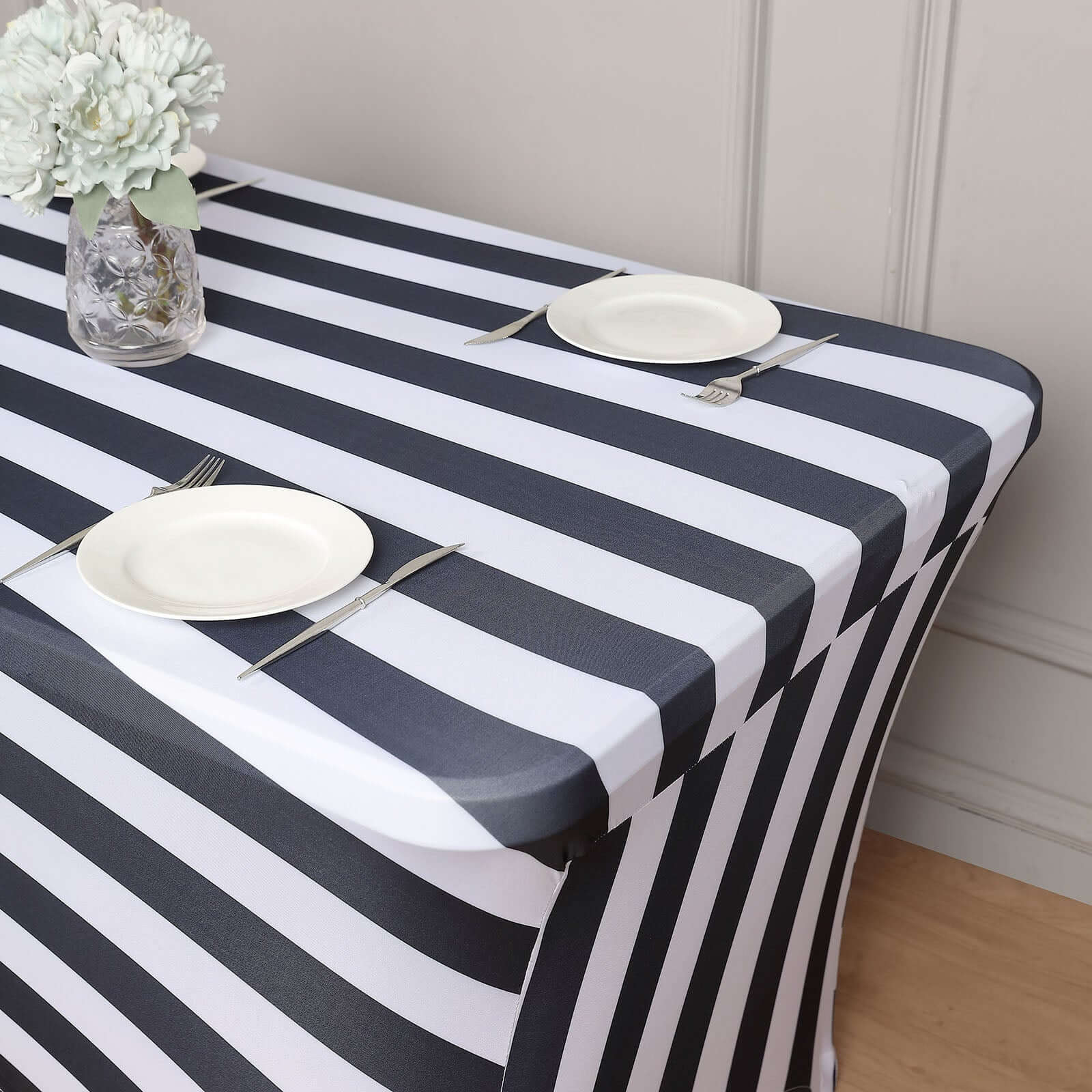 Stretch Spandex 72x30 Rectangle Tablecloth Black/White Vertical Stripes - Durable Form-Fitting Table Cover for Events & Presentations