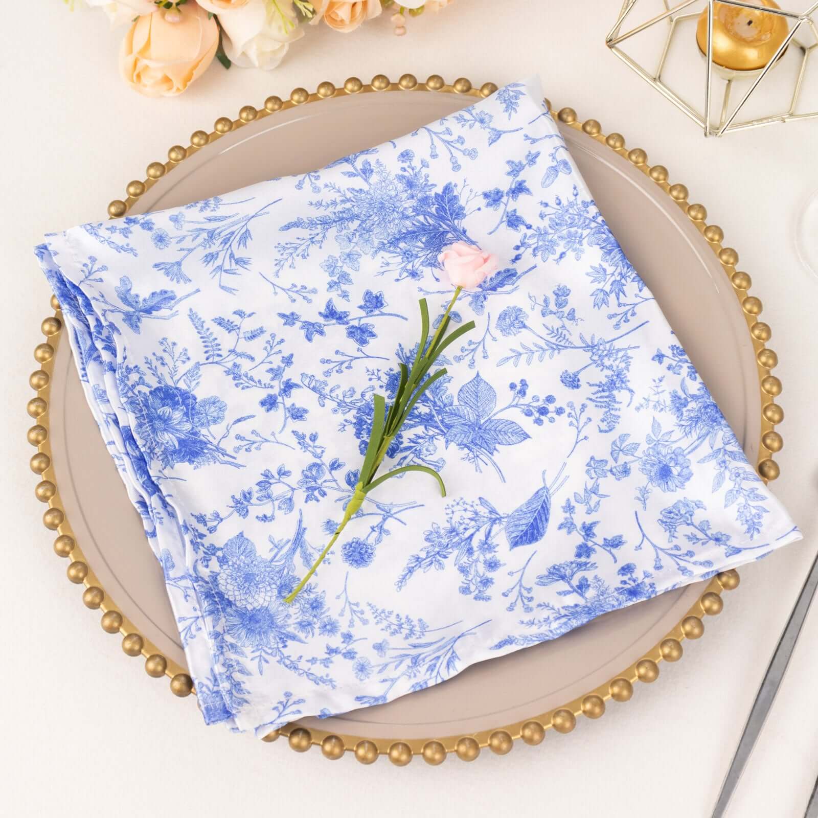 5 Pack Satin 20x20 Napkins White/Blue French Toile Pattern - Classy & Easy to Maintain Cloth Napkins for Weddings & Events