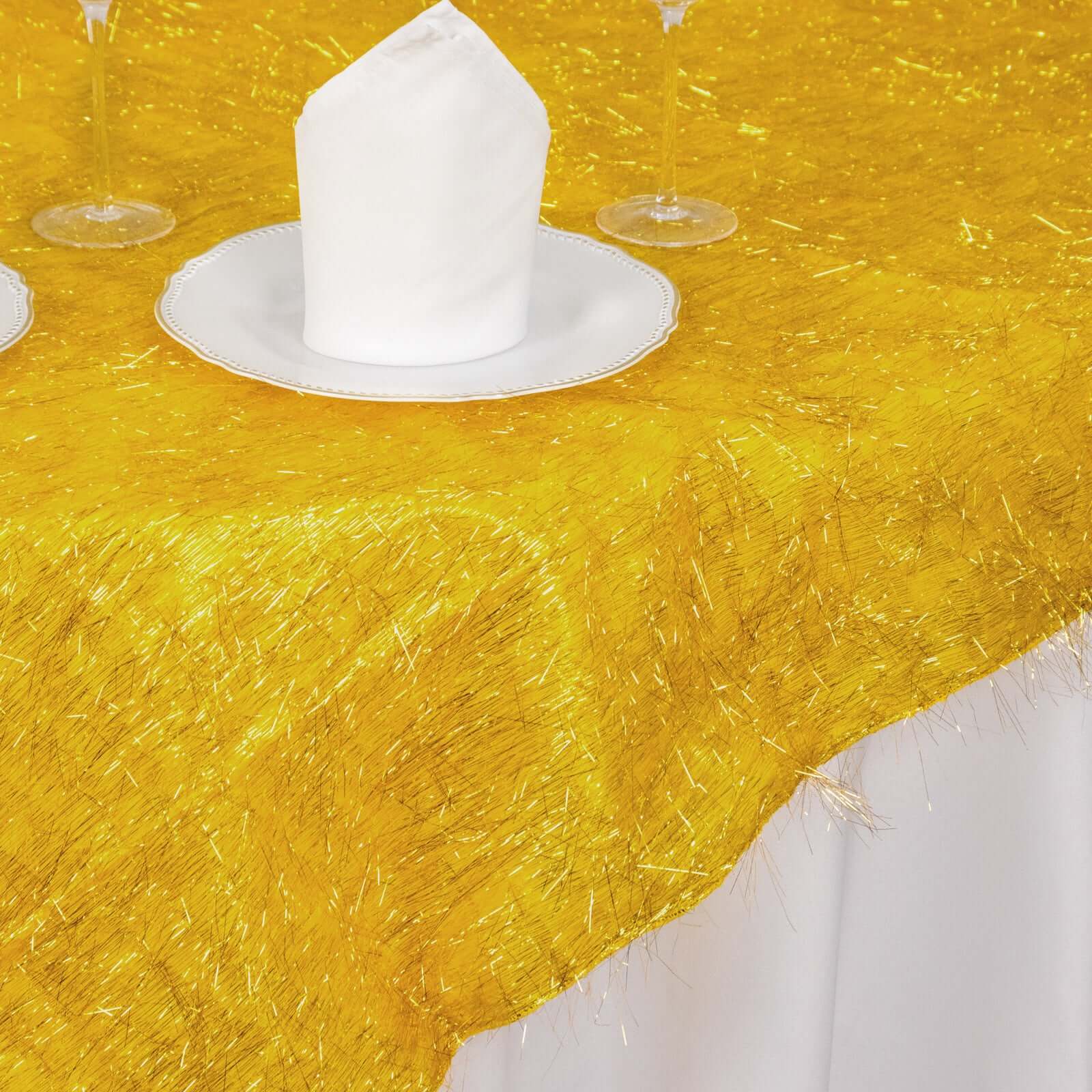 Polyester 72x72 Table Overlay Square Tablecloth Gold - Metallic Fringe Shag Tinsel Design for Luxe Events