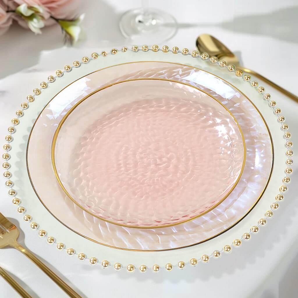 10-Pack Plastic 7 Round Dessert Appetizer Plates in Transparent Blush Hammered Design with Gold Rim - Modern Disposable Salad Plates