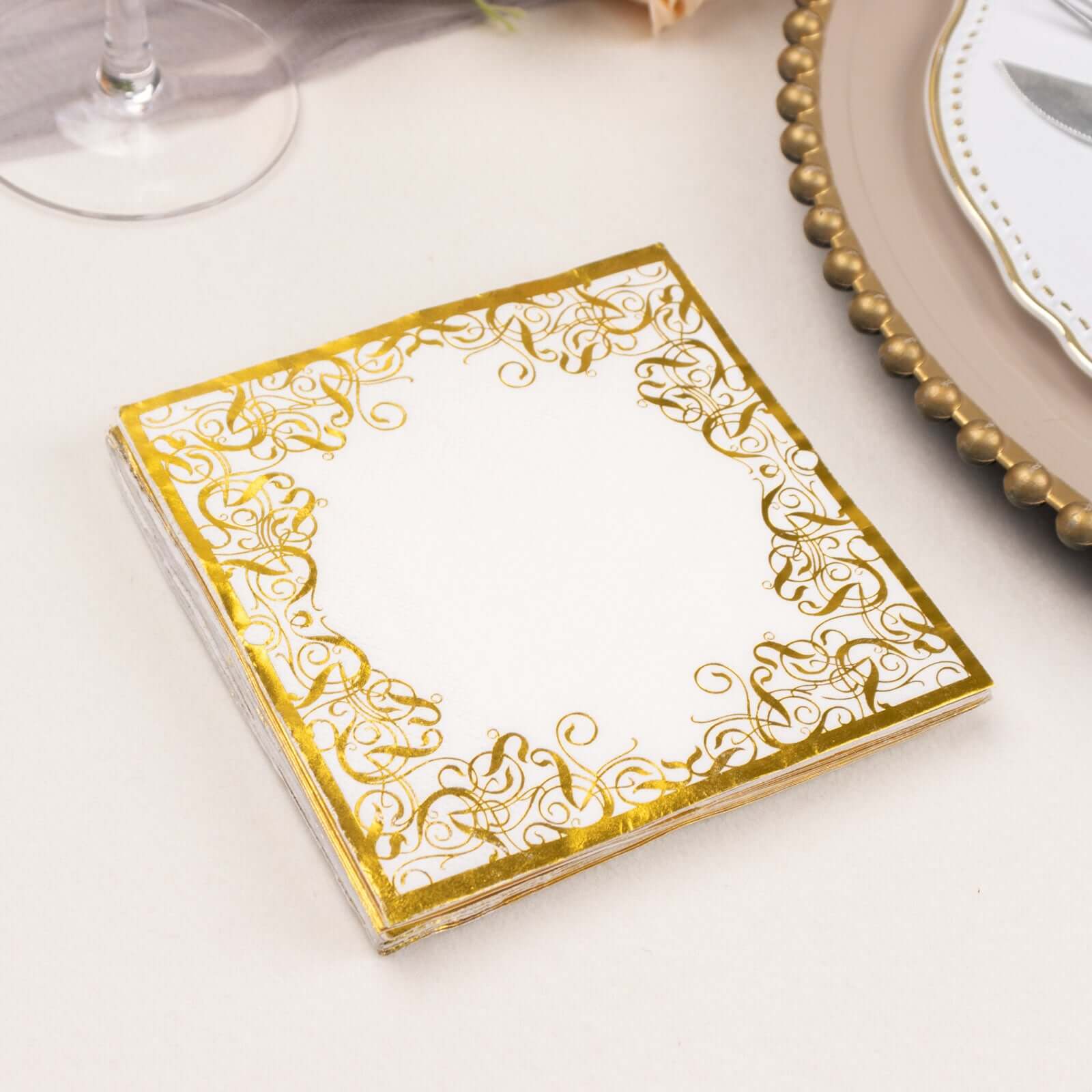 20-Pack Paper Beverage Napkins with Gold Foil Lace Design White - 3 Ply Disposable 18GSM European Style Cocktail Napkins 5x5