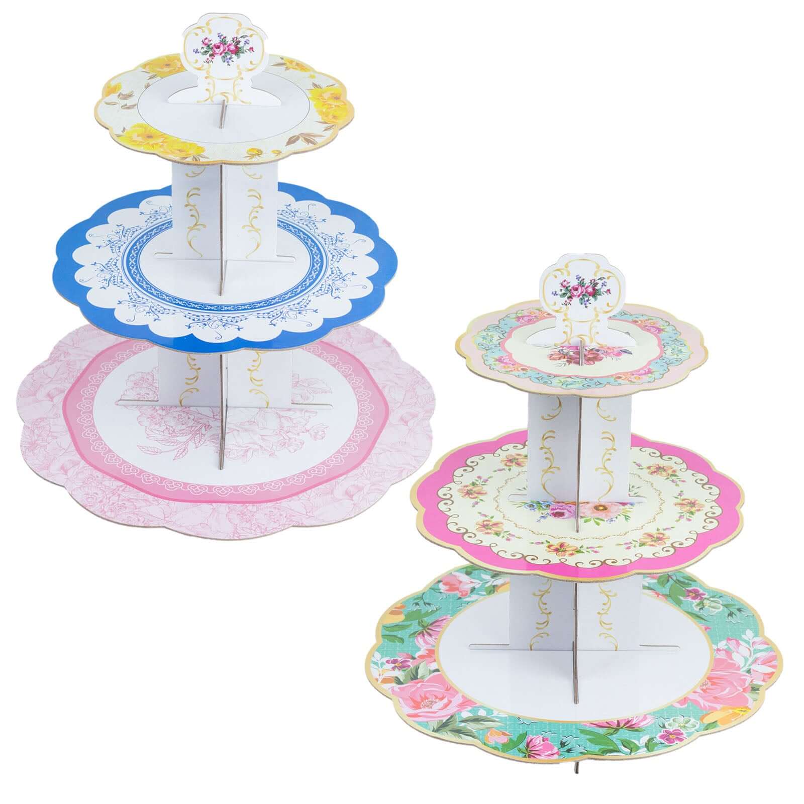 2-Pack Cardboard Round Cupcake Stand Assorted Floral Design - 3-Tier Reusable Dessert Display Pedestal With Scalloped Edges for Garden-Themed Celebrations 14