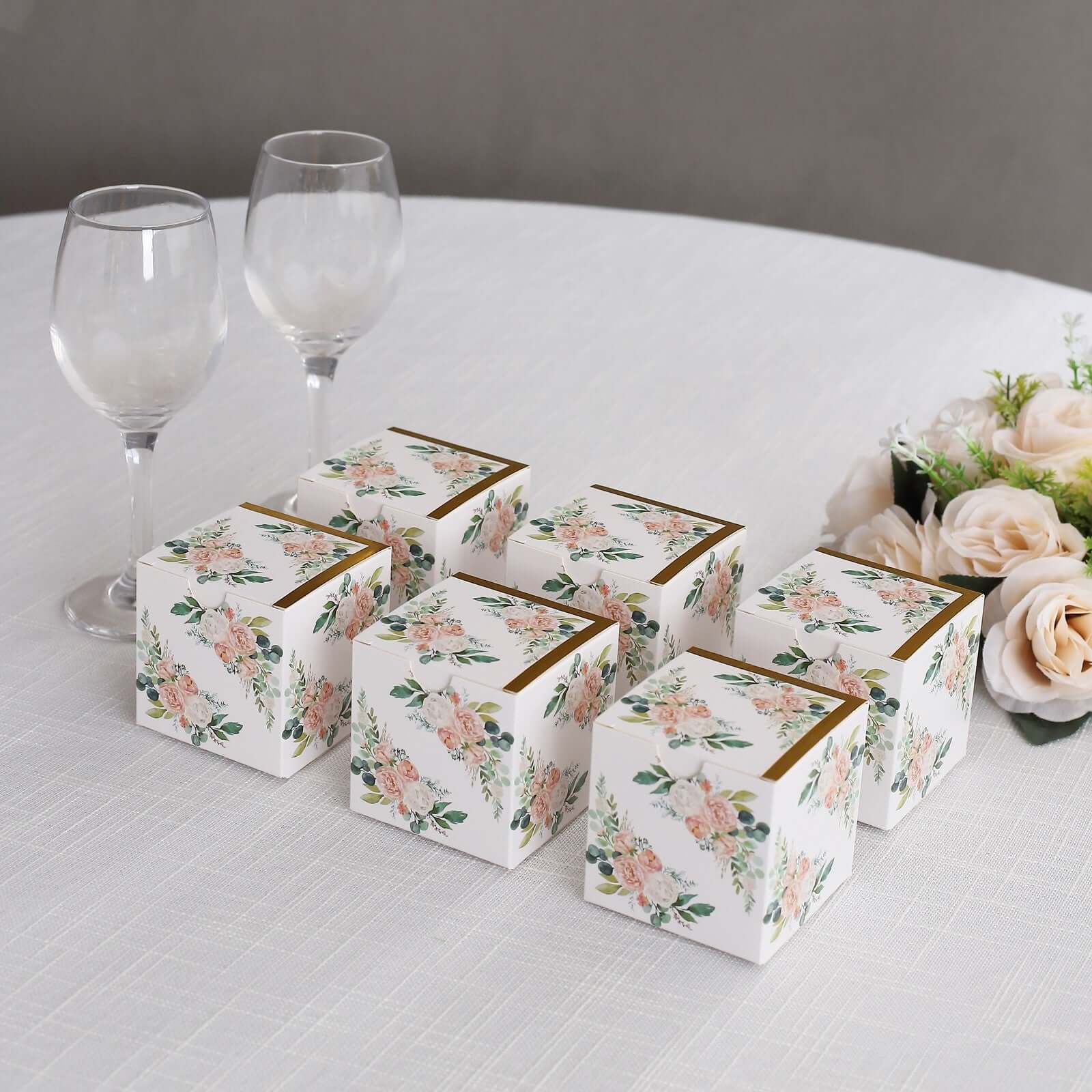 25 Pack White Pink Peony Flowers Print Paper Favor Boxes with Gold Edge, Cardstock Party Shower Candy Gift Boxes - 3x3x3