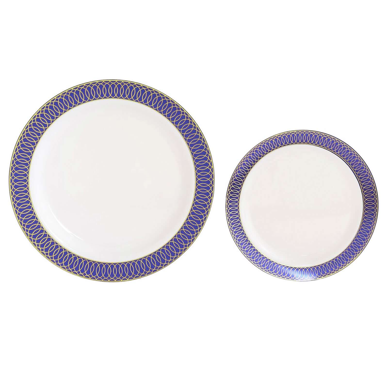 10-Pack Plastic Round Dinner Plates 10 White with Navy Blue Gold Spiral Rim - Chic Disposable Party Plates