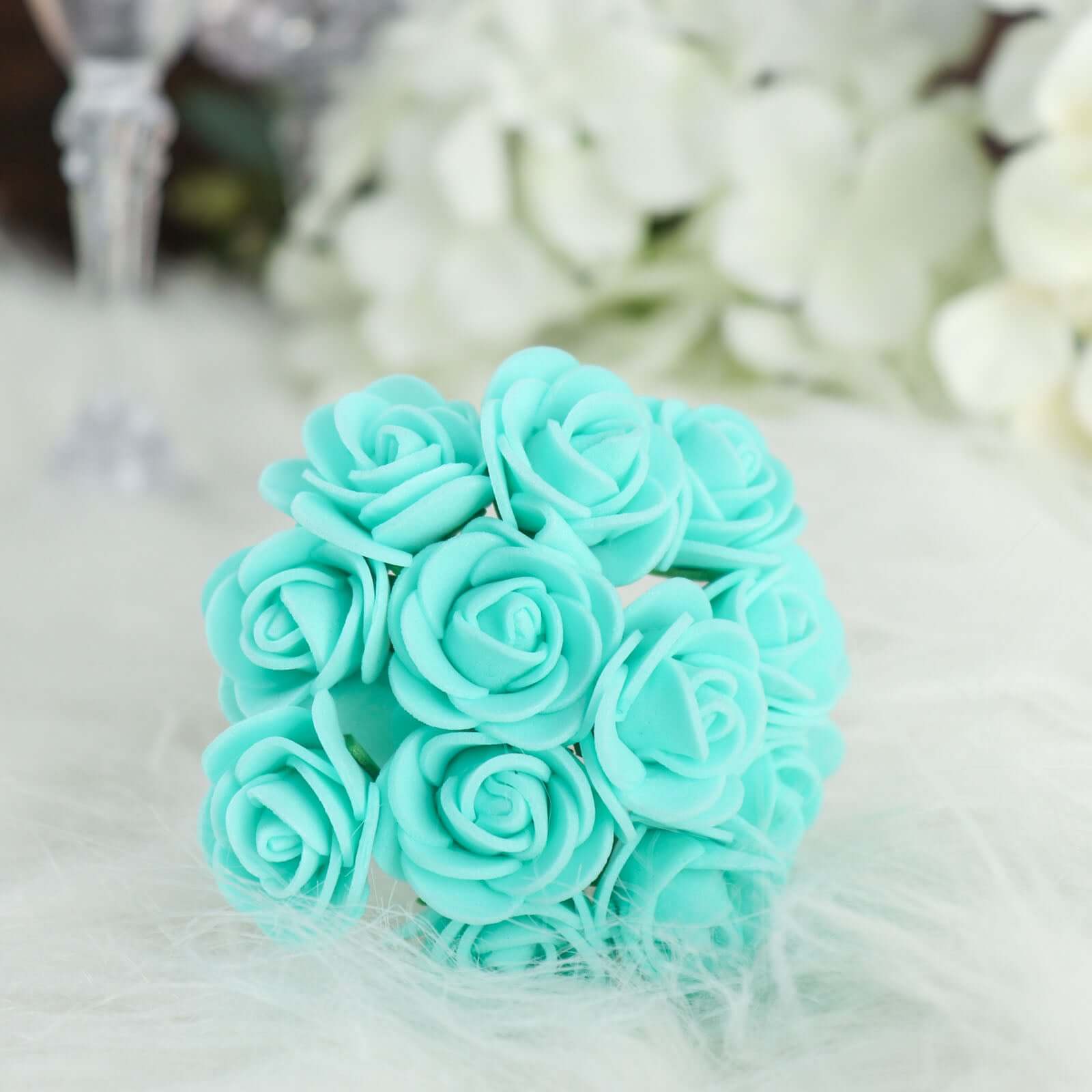 48 Roses 1 Turquoise Real Touch Artificial DIY Foam Rose Flowers With Stem, Craft Rose Buds