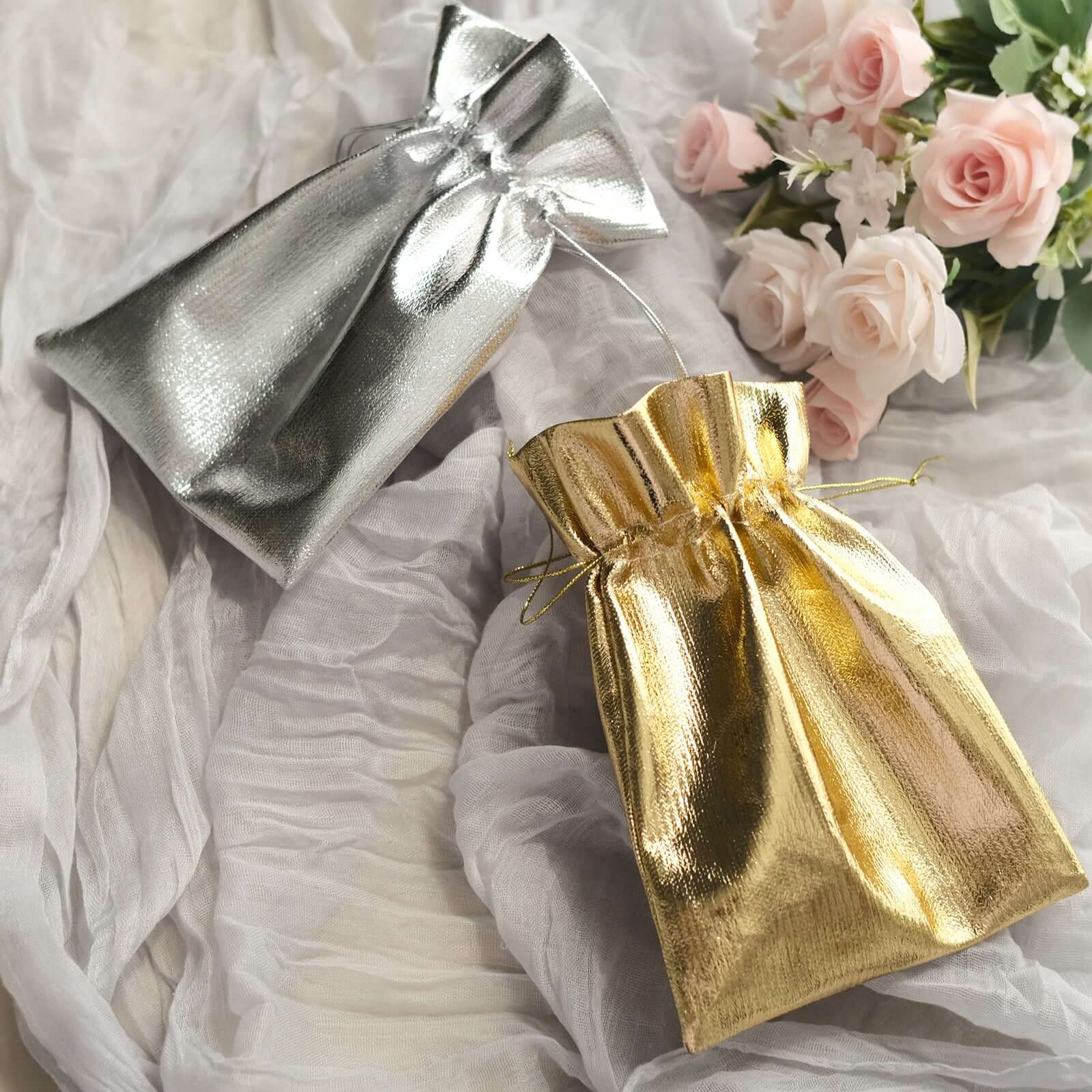 10 Pack Metallic Gold Lame Polyester 5x7 Party Favor Gift Bags, Shiny Fabric Drawstring Candy Pouch