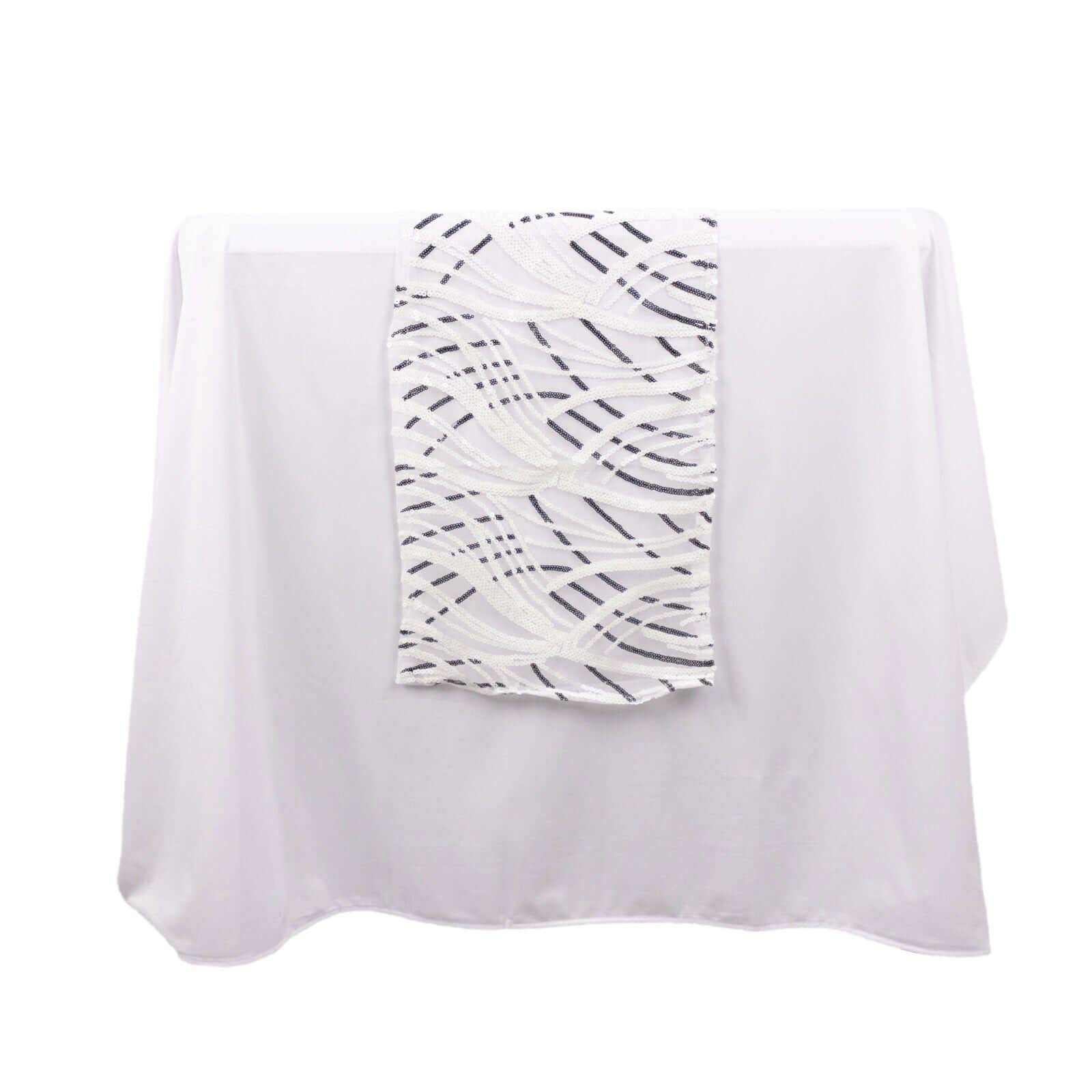 Sequin Mesh 12x108 Table Runner White Black Stylish Wave Embroidery