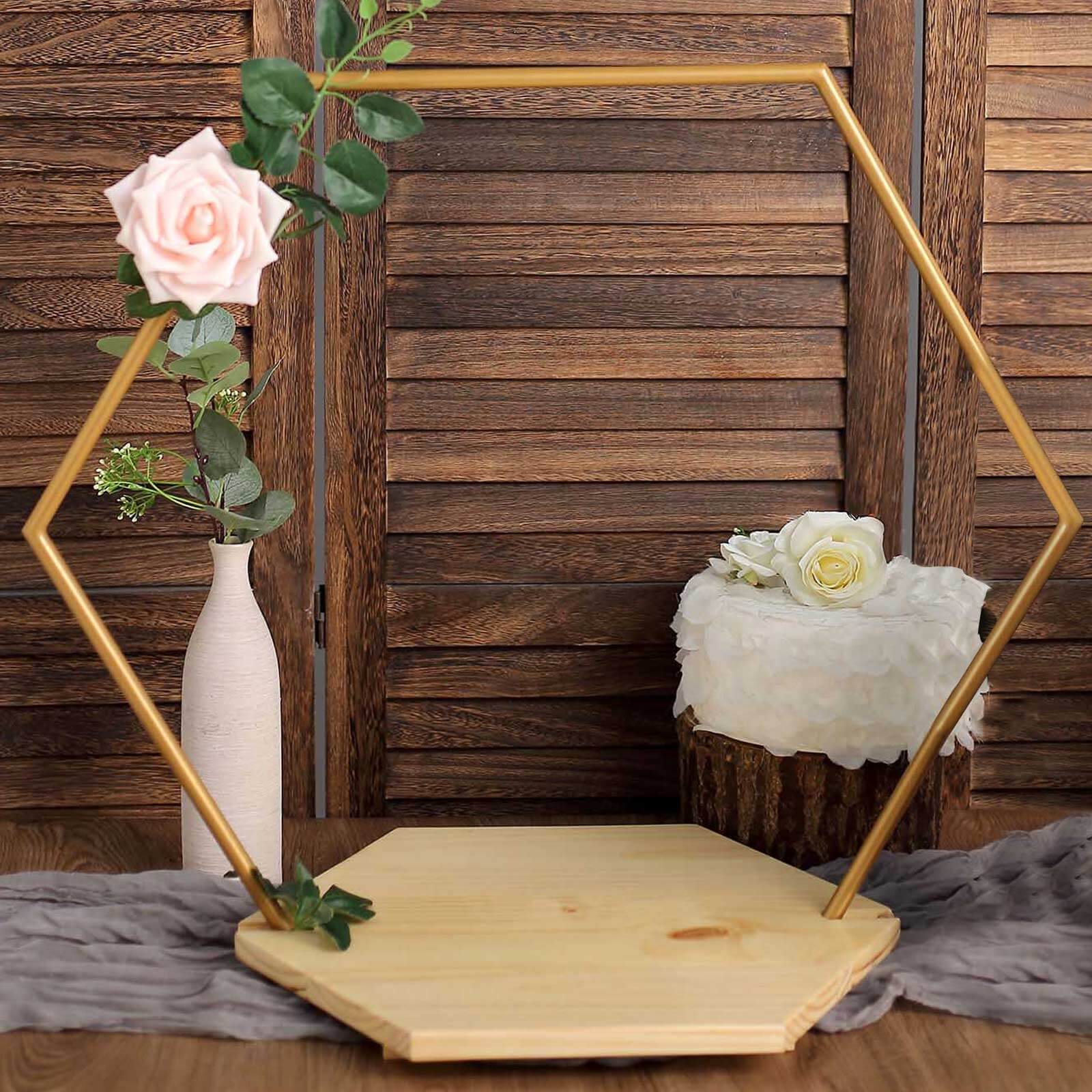 Metal Hexagon Floral Hoop Cake Stand Gold - Chic Geometric Dessert Display DIY Centerpiece Table Decoration With Wooden Base 28