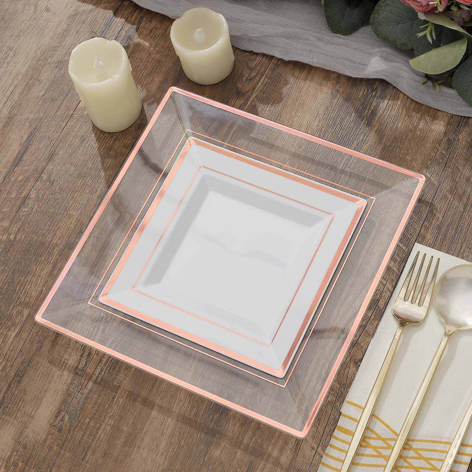 10-Pack Plastic Salad Dessert Plates White Square with Rose Gold Trim - Durable Disposable Appetizer Plates 7