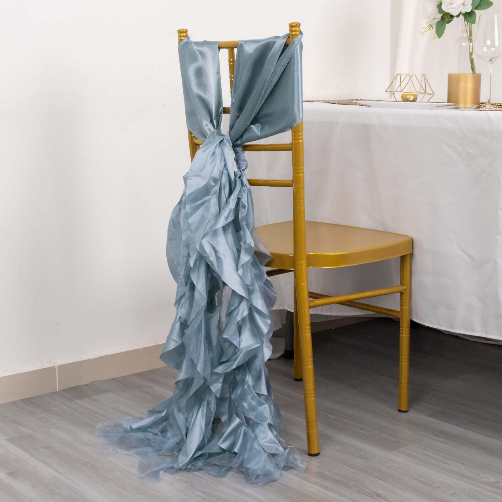 5 Pack Chiffon Satin Chair Sashes Dusty Blue - Easy to Install Ruffled Curly Willow