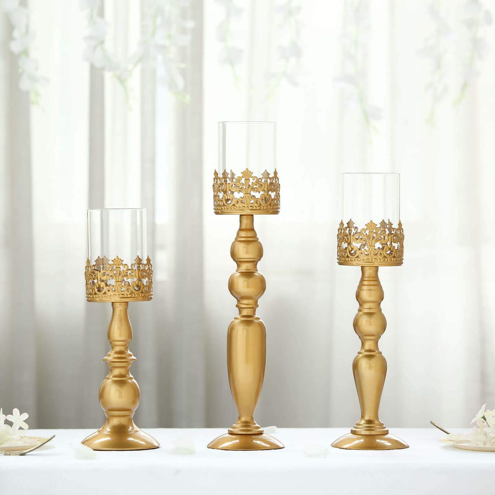 Set of 3 Lace Hurricane Candle Holders Antique Gold with Glass Shades - Chic Pillar Candle Stands 12, 14, 17