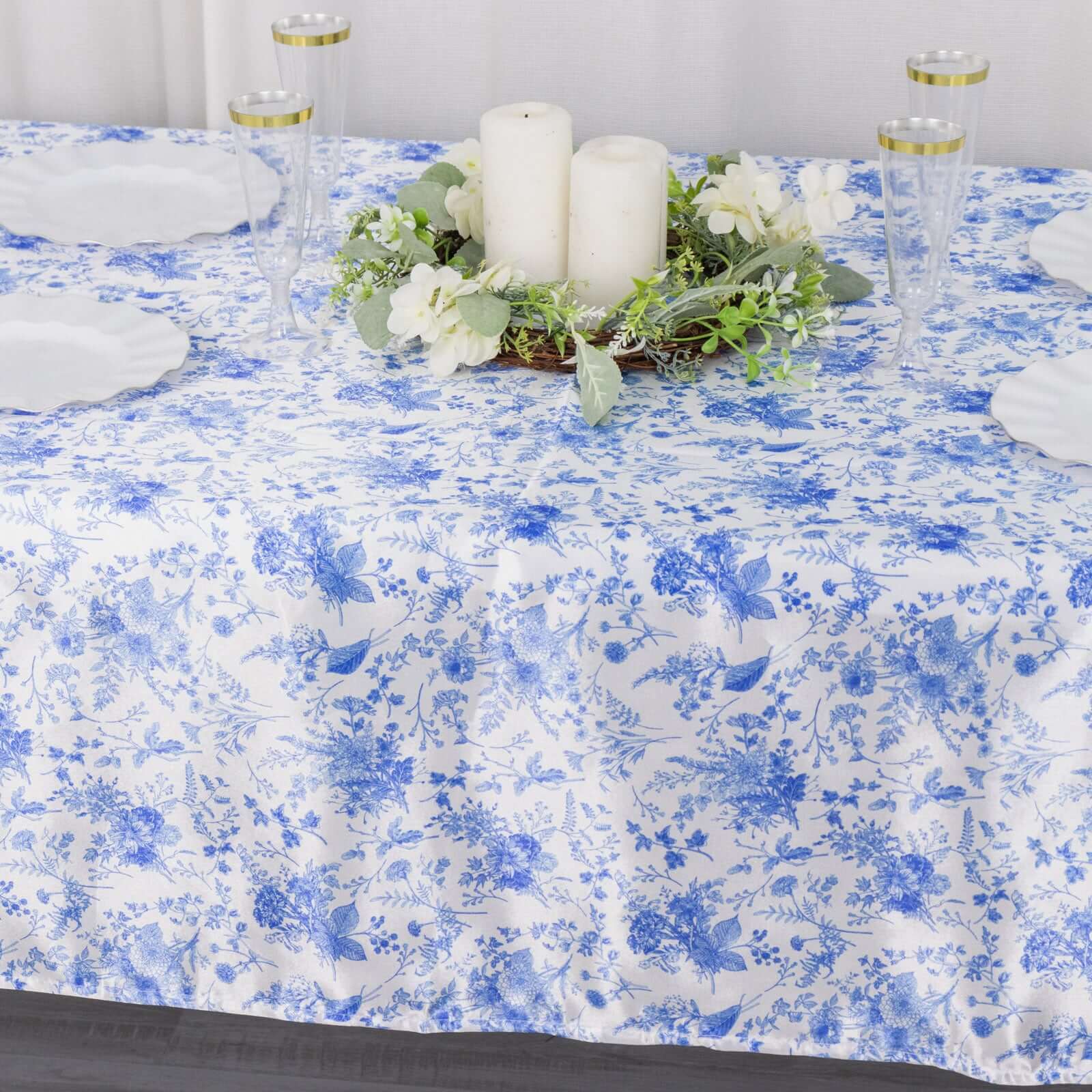 Satin Round 60x102 Tablecloth White/Blue French Toile Design - Stylish & Wrinkle-Resistant Table Cover