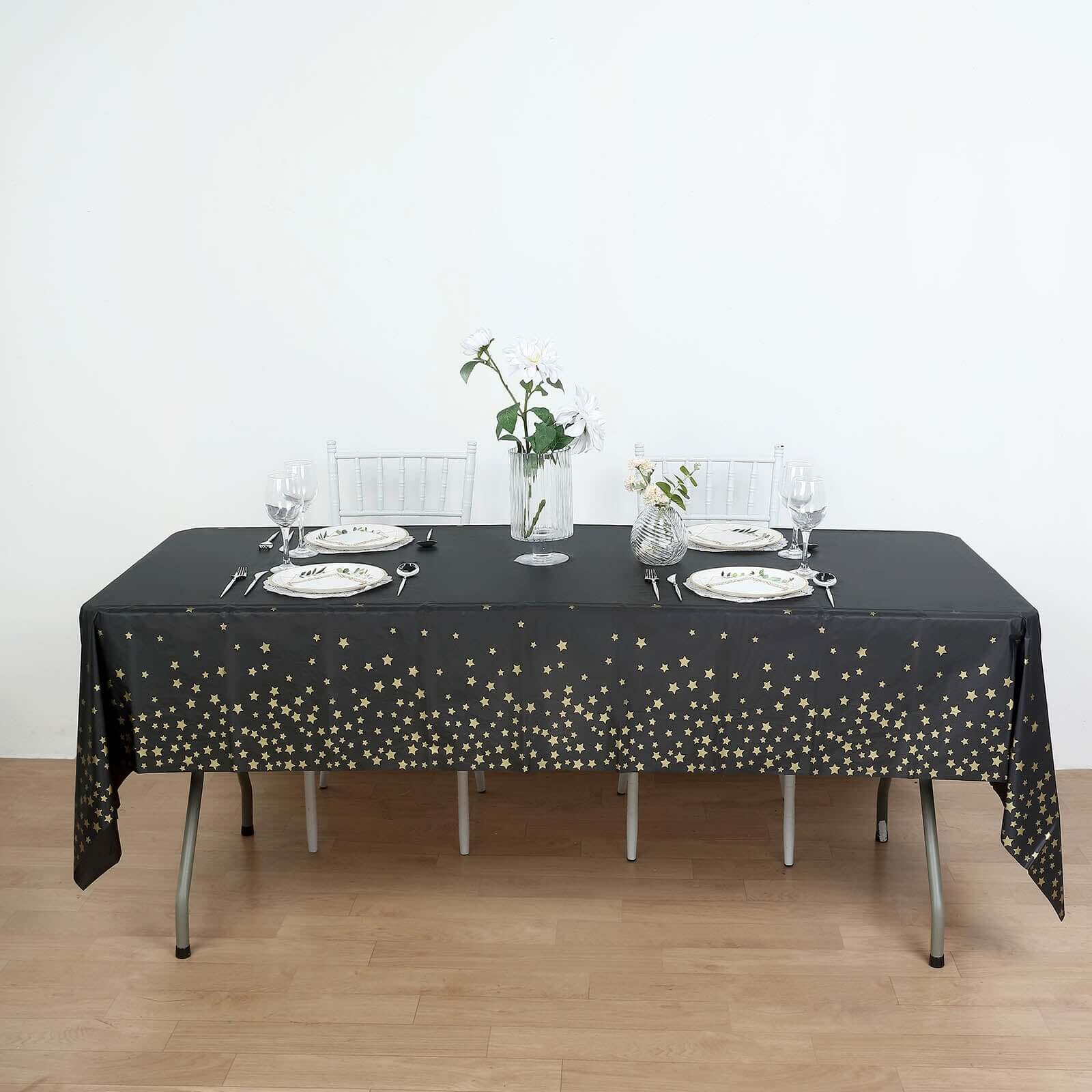 5-Pack Plastic Table Covers Black Rectangle with Gold Stars - Decorative PVC Disposable Tablecloths 54x108