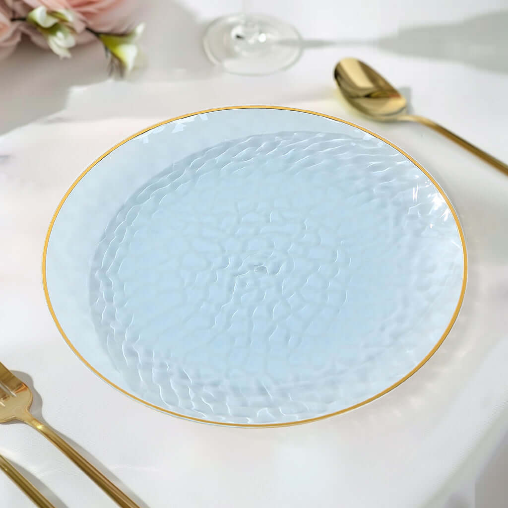 10-Pack Plastic 9 Round Dinner Plates in Transparent Dusty Blue Hammered Design with Gold Rim - Modern Disposable Party Plates