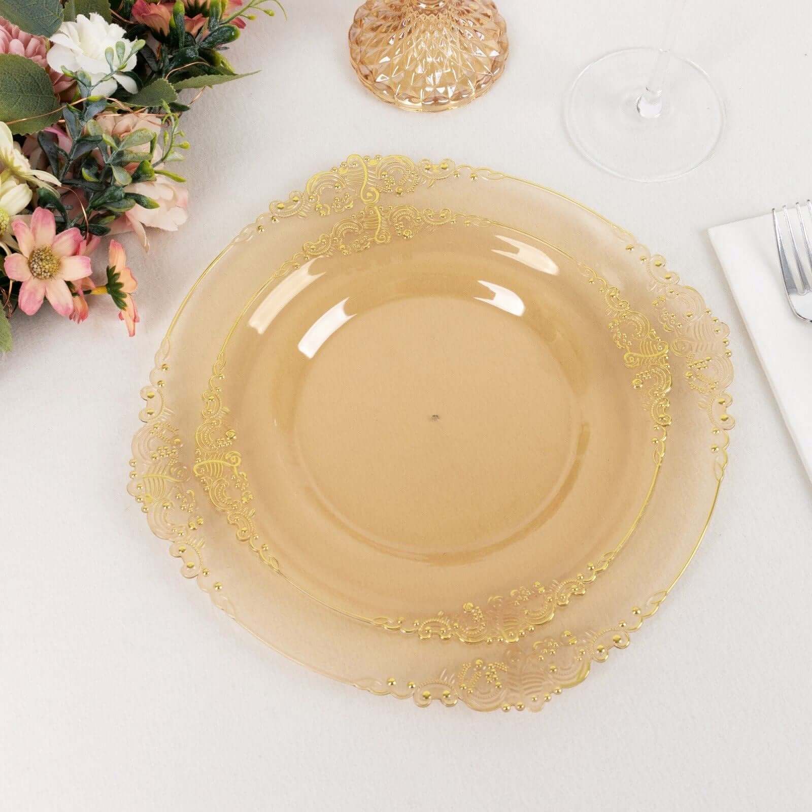 10-Pack Plastic 8 Round Dessert Plates in Transparent Amber Gold with Gold Leaf Embossed Rim - Disposable Vintage Baroque Style Salad Plates