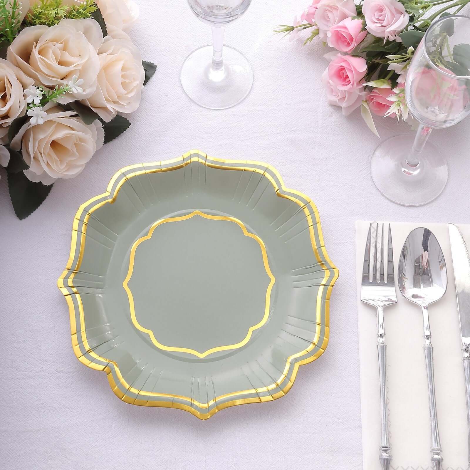 25-Pack Paper Dessert Plates in Sage Green with Gold Scallop Rim - Disposable 300GSM Appetizer Salad Plates 8