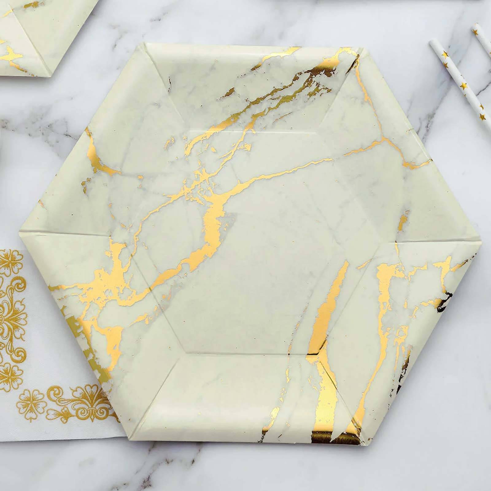 25 Pack Ivory Marble 12 Serving Dinner Paper Plates, Disposable Hexagon Geometric Shaped Plates With Gold Foil Marble Design - 400 GSM