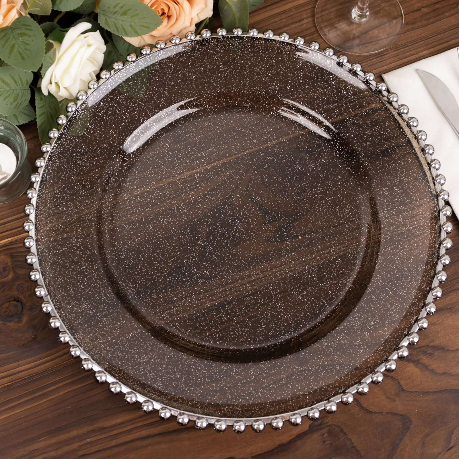 6-Pack Acrylic Round Charger Plates 13 in Transparent Black Silver Glittered with Beaded Rim, Decorative Dinner Party Charger Tableware