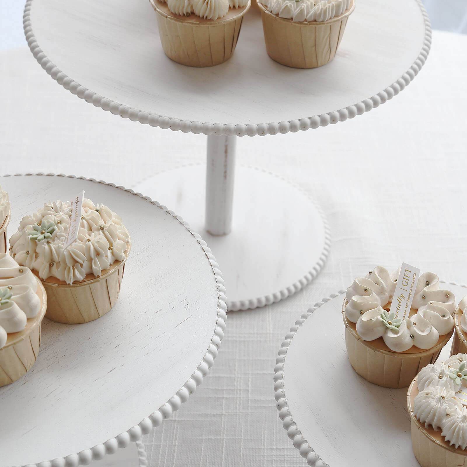 Set of 3 Wooden Pedestal Cake Stands Whitewash with Round Beaded Rim Trays - Stackable Rustic Cupcake Display 8, 10, 12