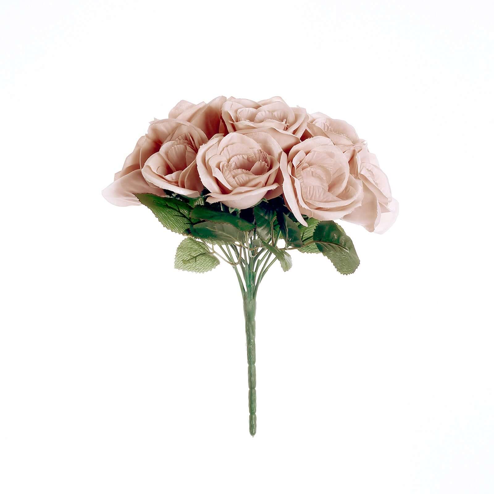 12 Dusty Rose Artificial Velvet-Like Fabric Rose Flower Bouquet Bush