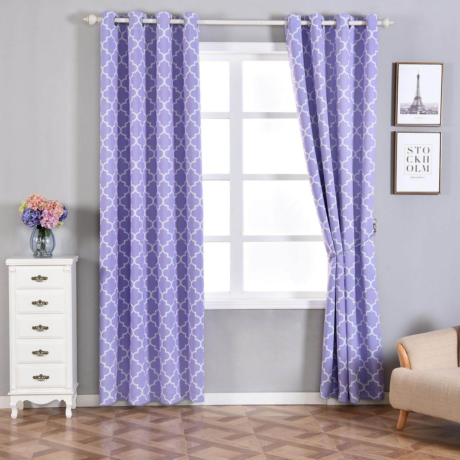 2 Pack White Lavender Lilac Lattice Print Thermal Blackout Curtains With Chrome Grommet Window Treatment Panels - 52x108 Clearance SALE