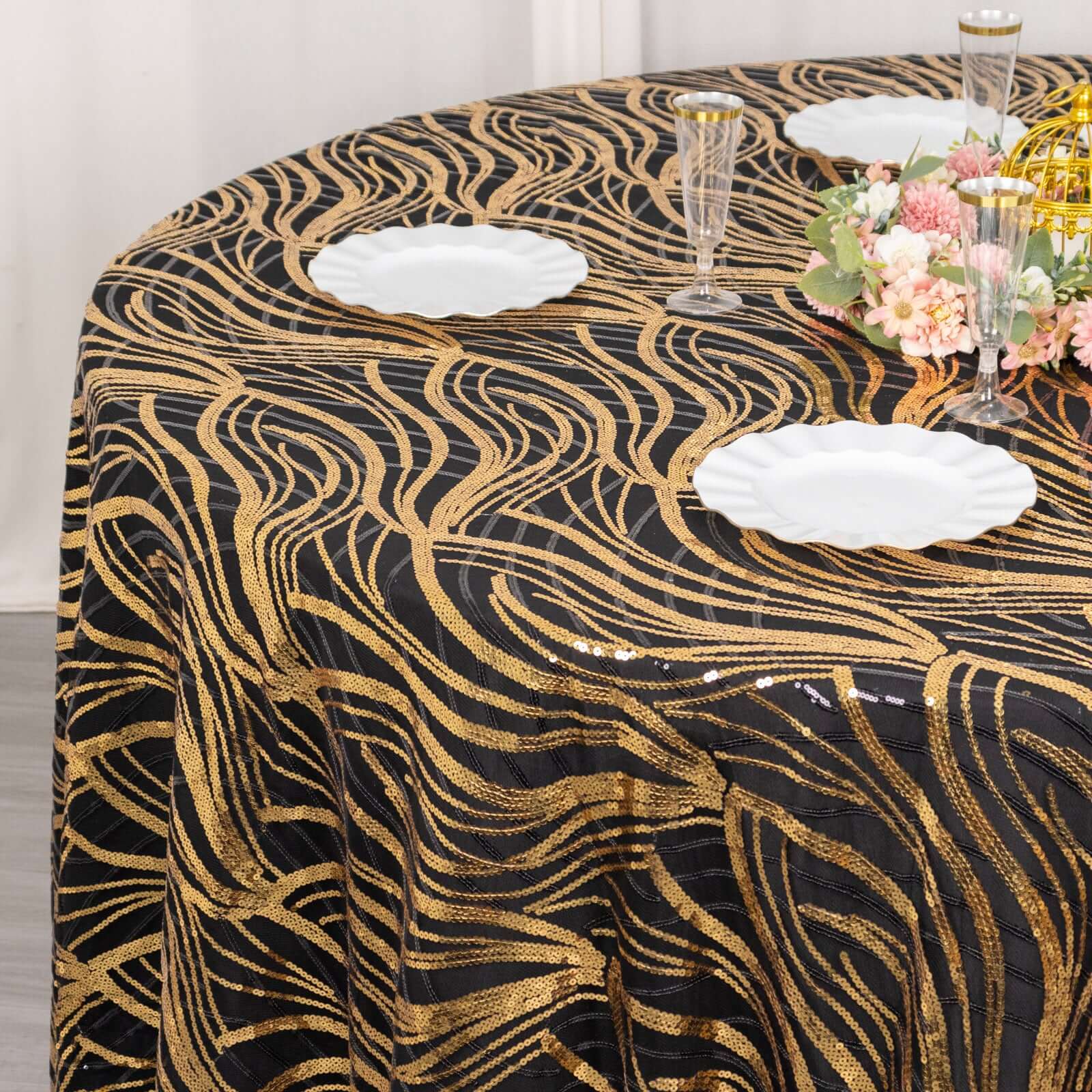 Sequin Mesh 120 Round Tablecloth Black/Gold - Seamless Wave Embroidered Table Cover