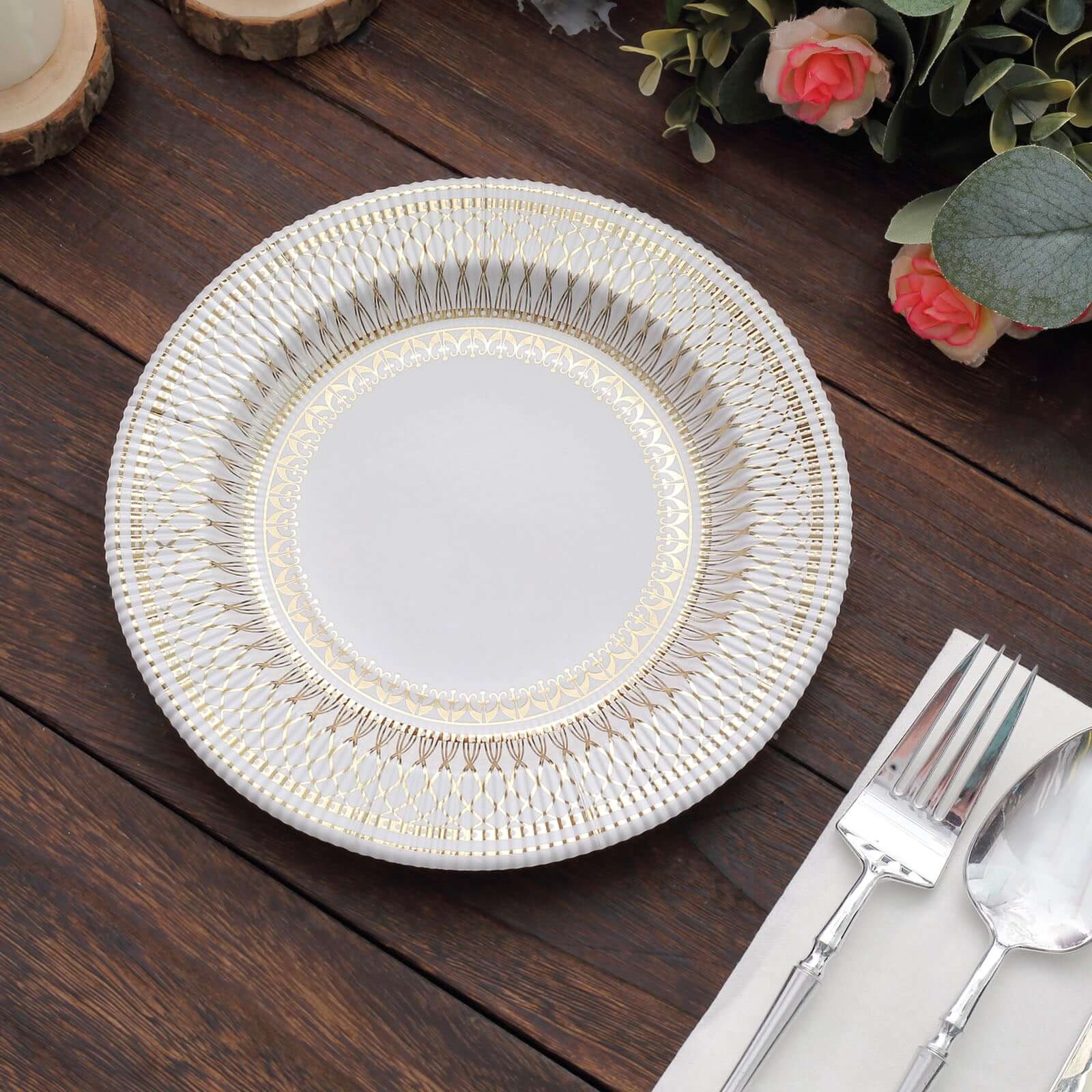 25-Pack Paper 8 Round Dessert Plates in White with Gold Vintage Porcelain Style Rim - Disposable 300GSM Salad Appetizer Plates