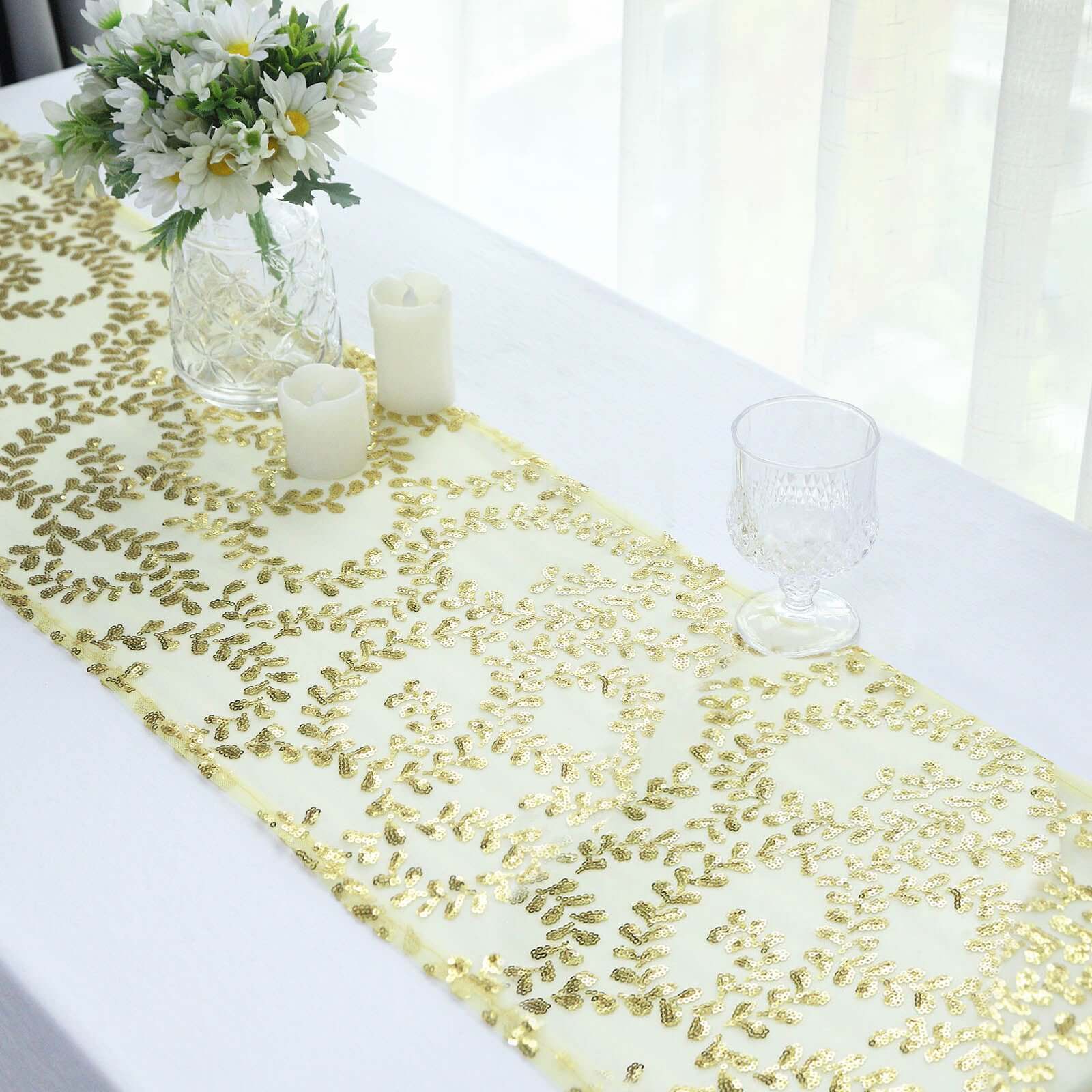 Mesh 12x108 Table Runner Gold - Leaf Vine Sequin Embroidered Design for Sophisticated Occasion