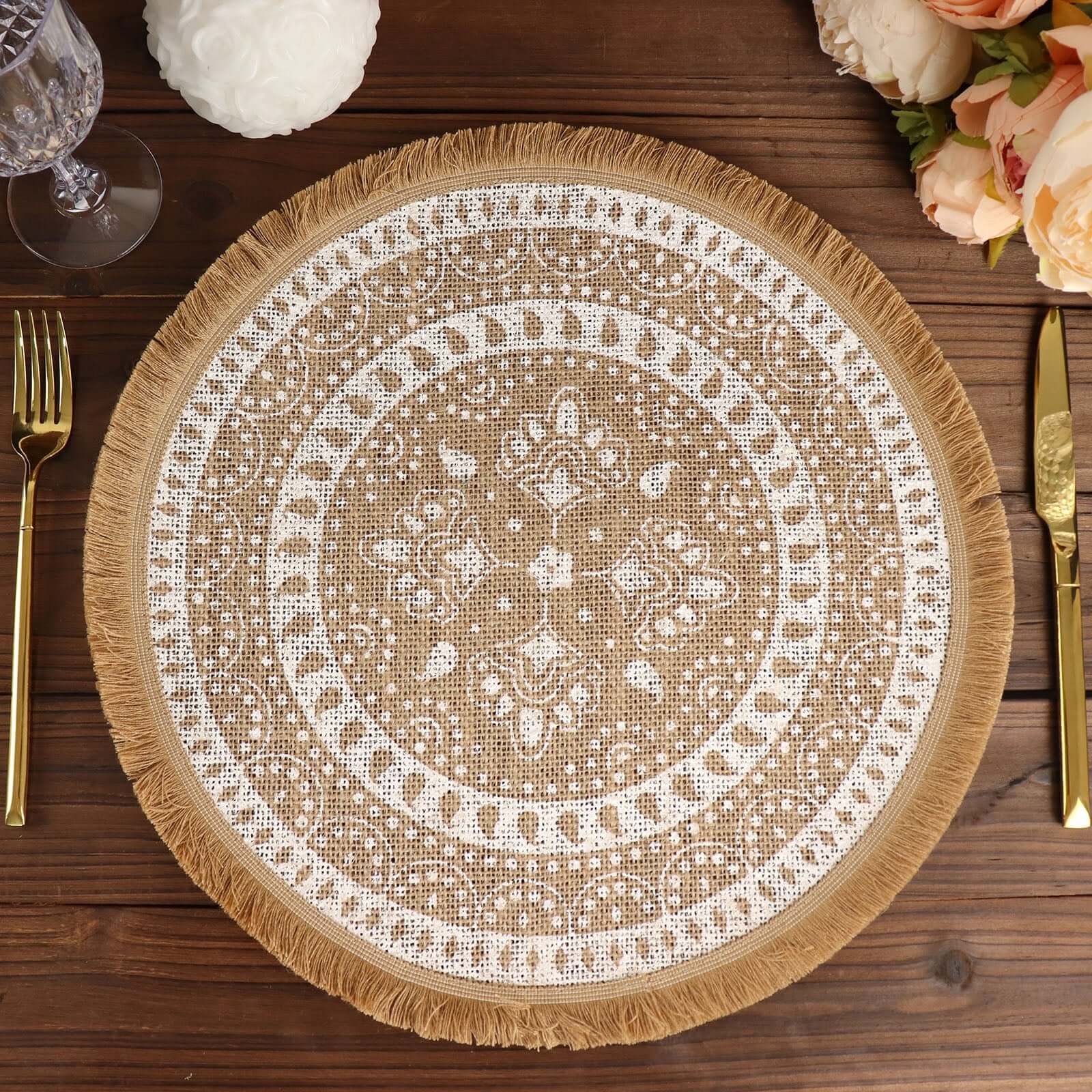 4-Pack Placemats Fringe Print Design Natural Jute and White Round - Rustic Burlap Woven Style 15