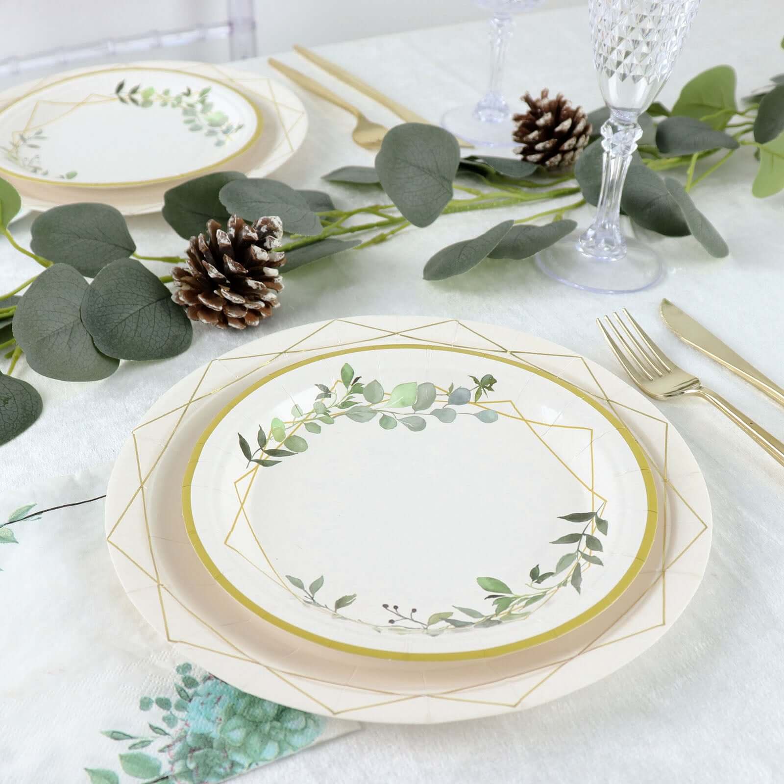 24-Pack Paper 7 Round Dessert Plates in White with Eucalyptus Leaves & Gold Rim - Disposable 300GSM Salad Plates for Garden Weddings & Celebrations