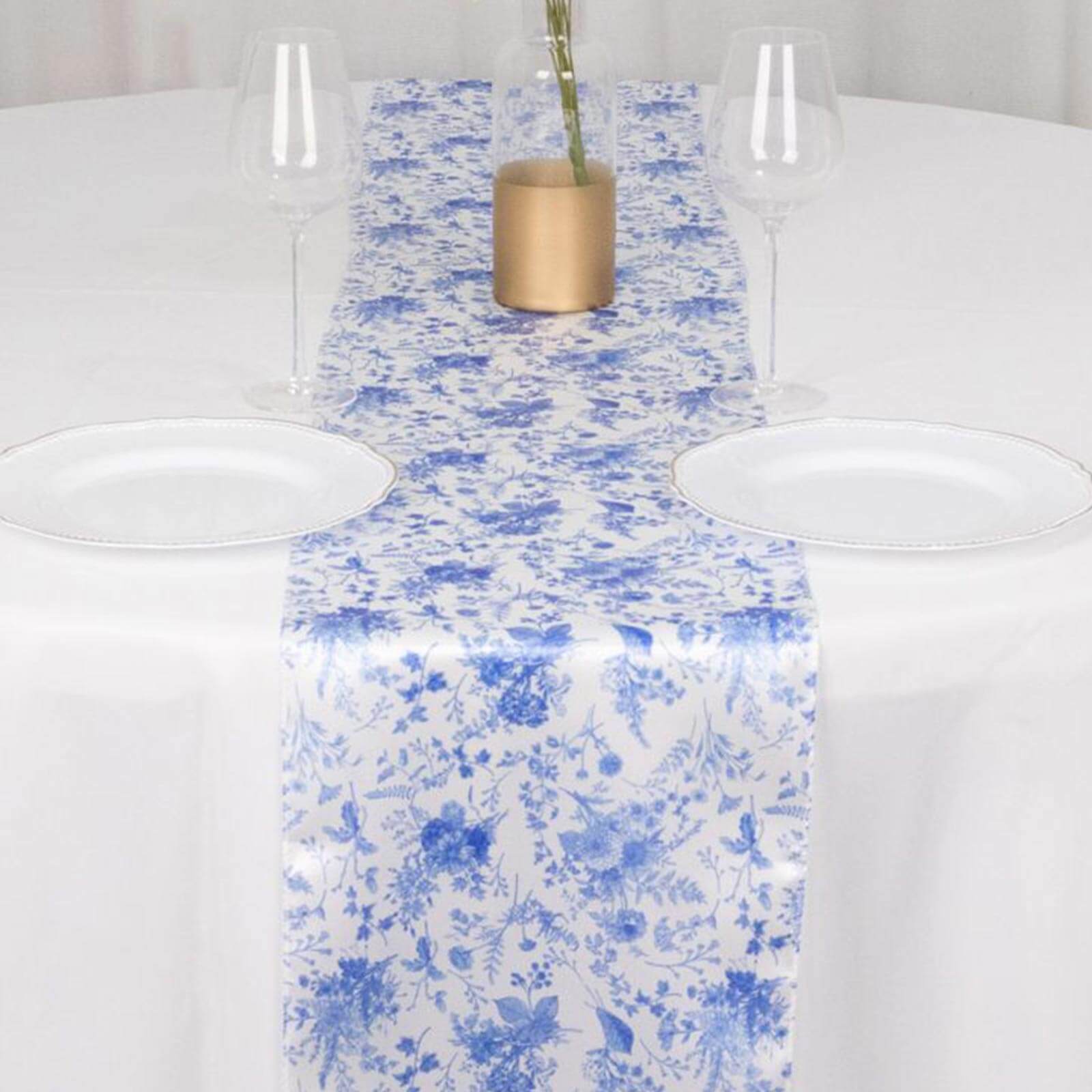 Satin 12x108 Table Runner White with Blue French Toile Floral Pattern - Refined Style for Upscale Events