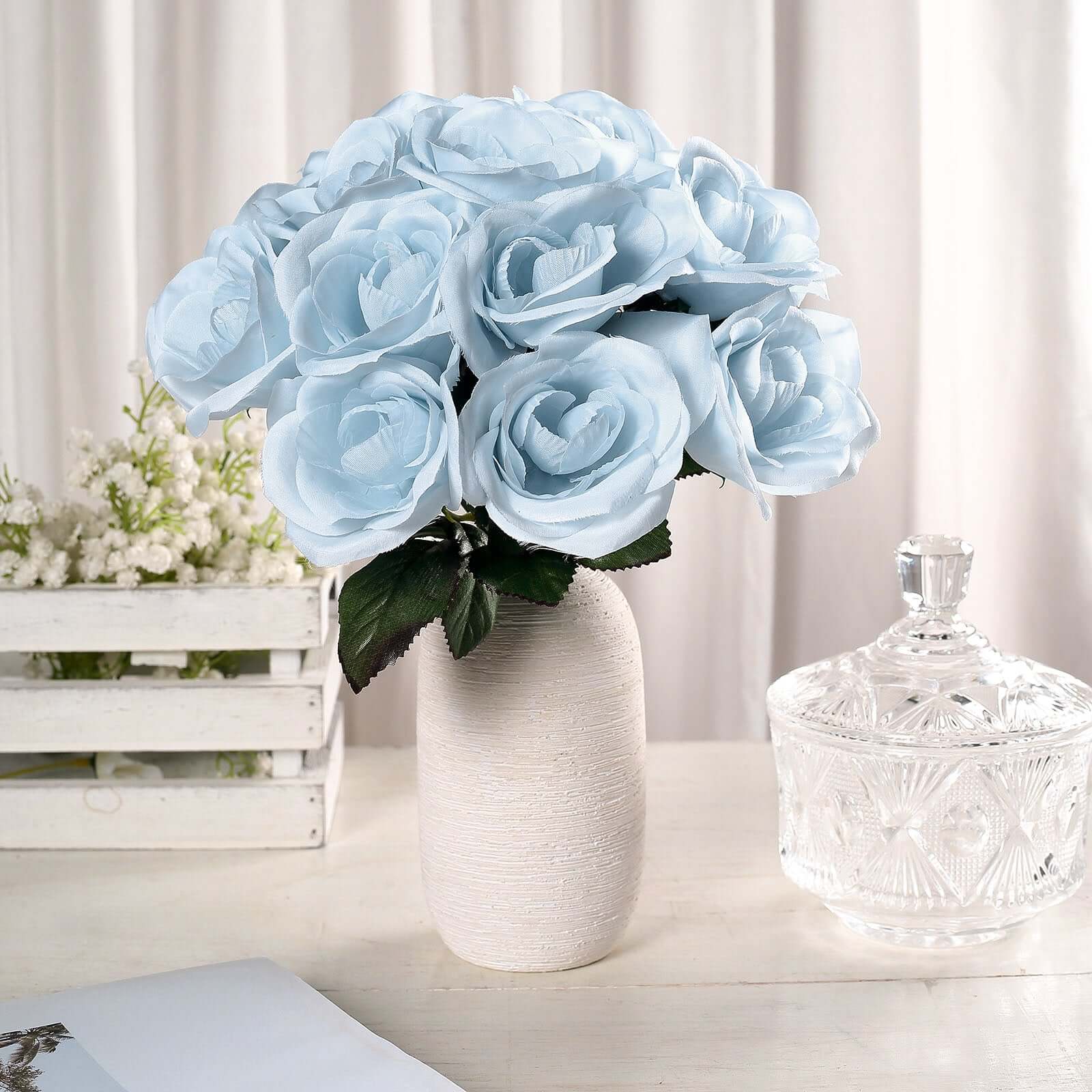 12 Ice Blue Artificial Velvet-Like Fabric Rose Flower Bouquet Bush