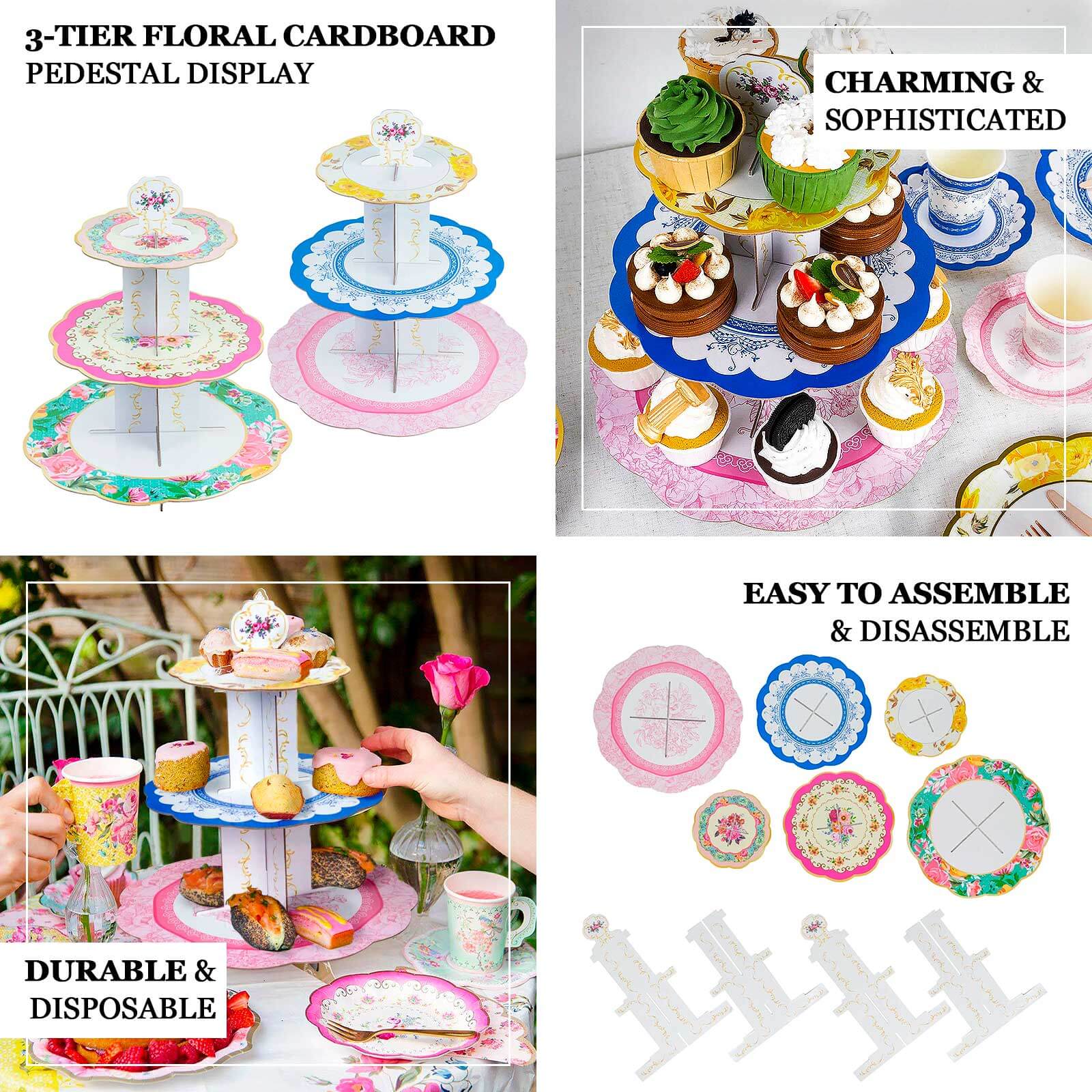 2-Pack Cardboard Round Cupcake Stand Assorted Floral Design - 3-Tier Reusable Dessert Display Pedestal With Scalloped Edges for Garden-Themed Celebrations 14