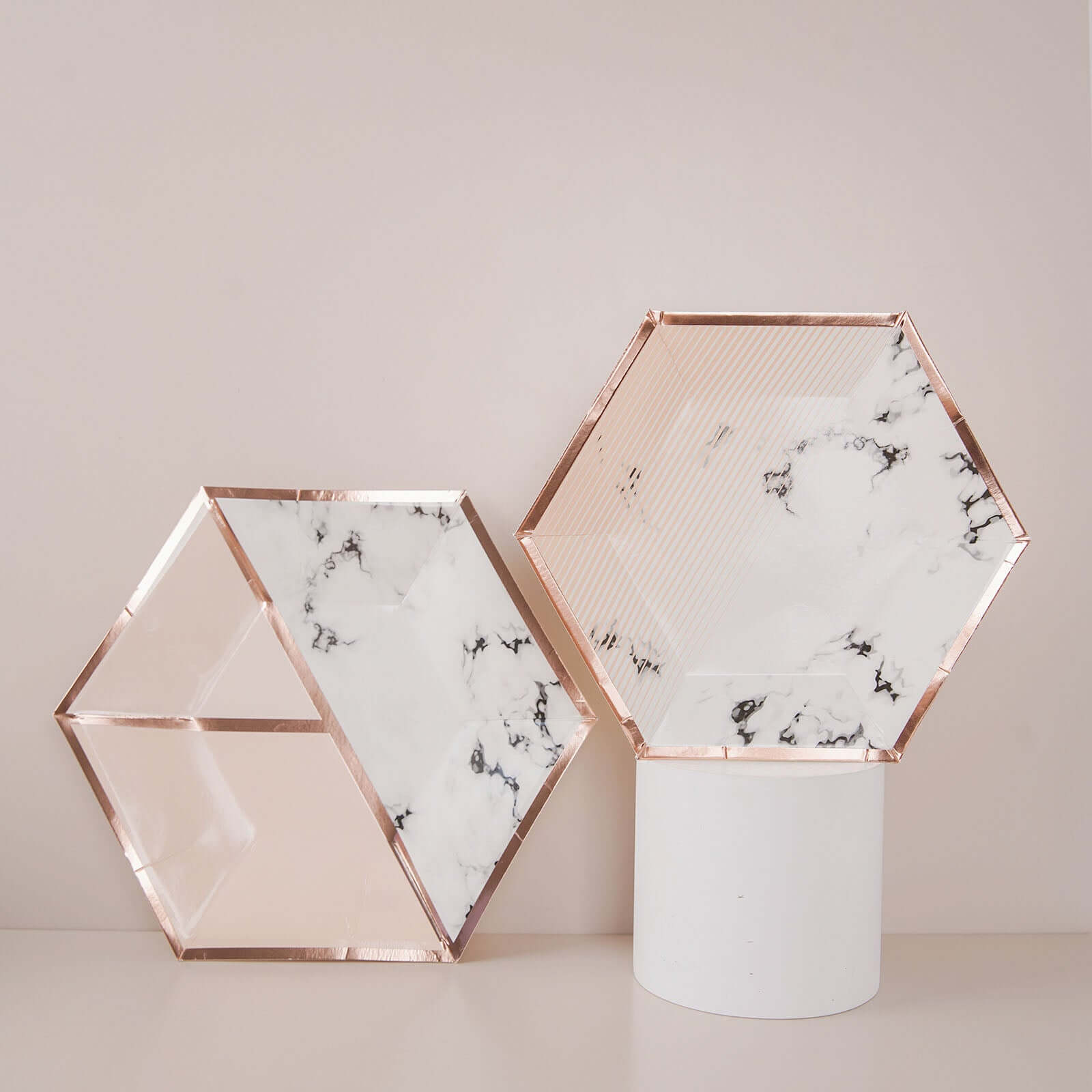 50-Pack Paper Hexagon Dinner and Dessert Plates in Blush with Marble Design & Rose Gold Foil Rim - Chic Disposable Geometric Party Plates Set for 25 Guests 8, 10