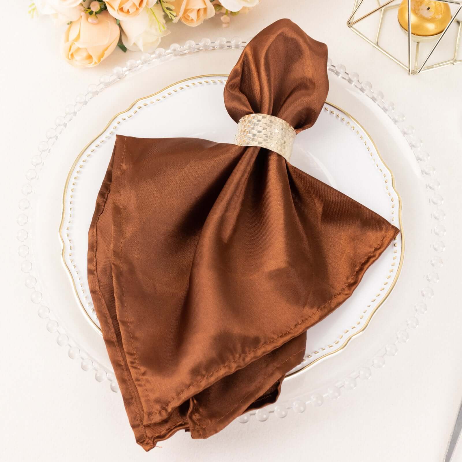 5 Pack Satin 20x20 Napkins Cinnamon Brown - Luxurious Shine & Smooth Dinner Napkins