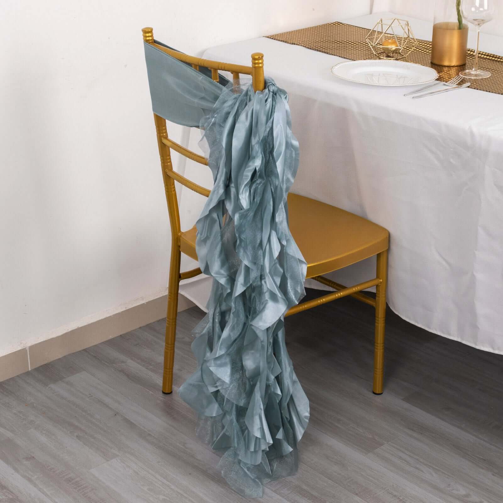 5 Pack Chiffon Satin Chair Sashes Dusty Blue - Easy to Install Ruffled Curly Willow